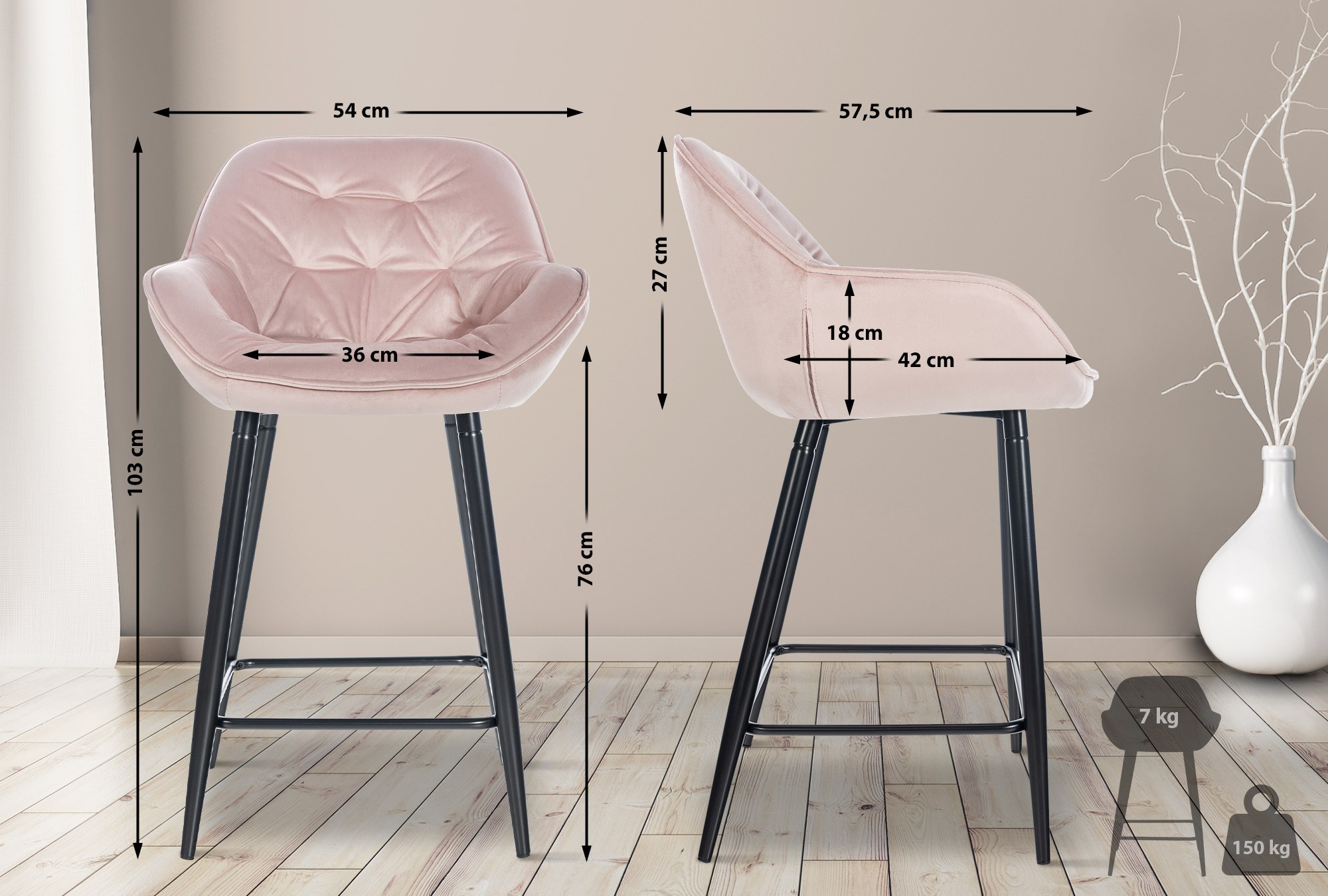 Tabouret de bar Gibson velours hauteur d'assise 76 cm