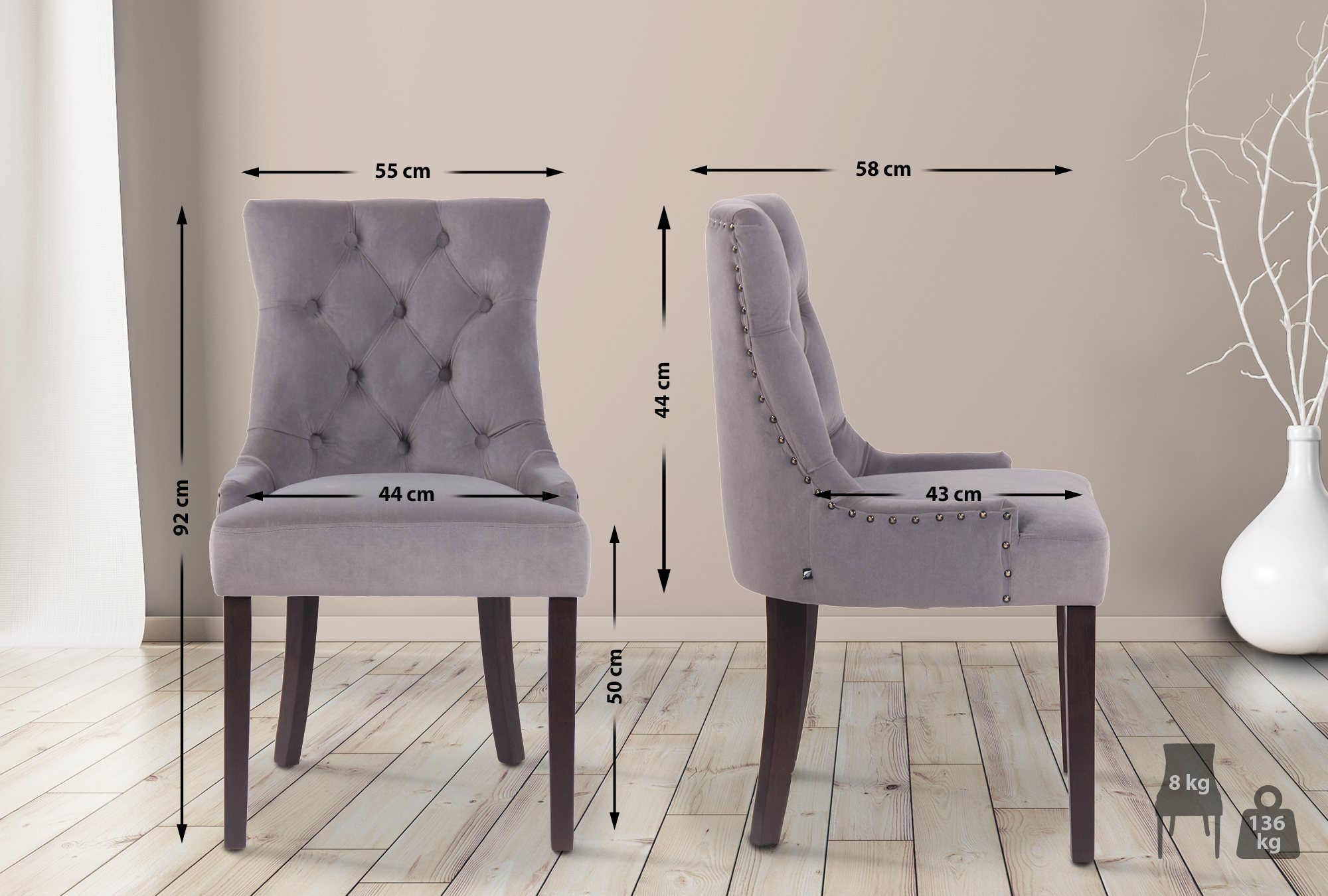Chaise de salle à manger Aberdeen en Velours avec Piètement en bois d'hévéa
