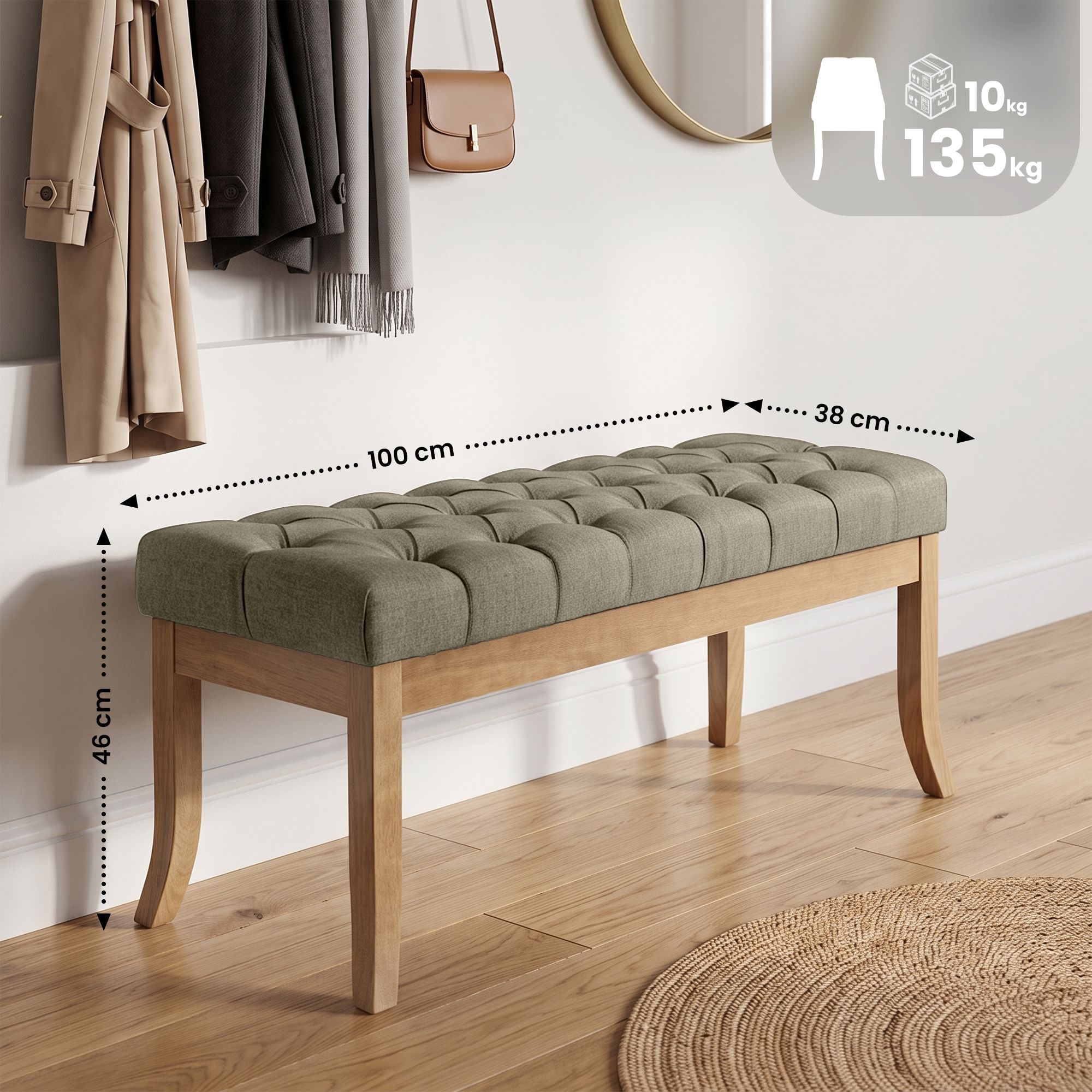 Banc Ramses tissu pieds antique clair