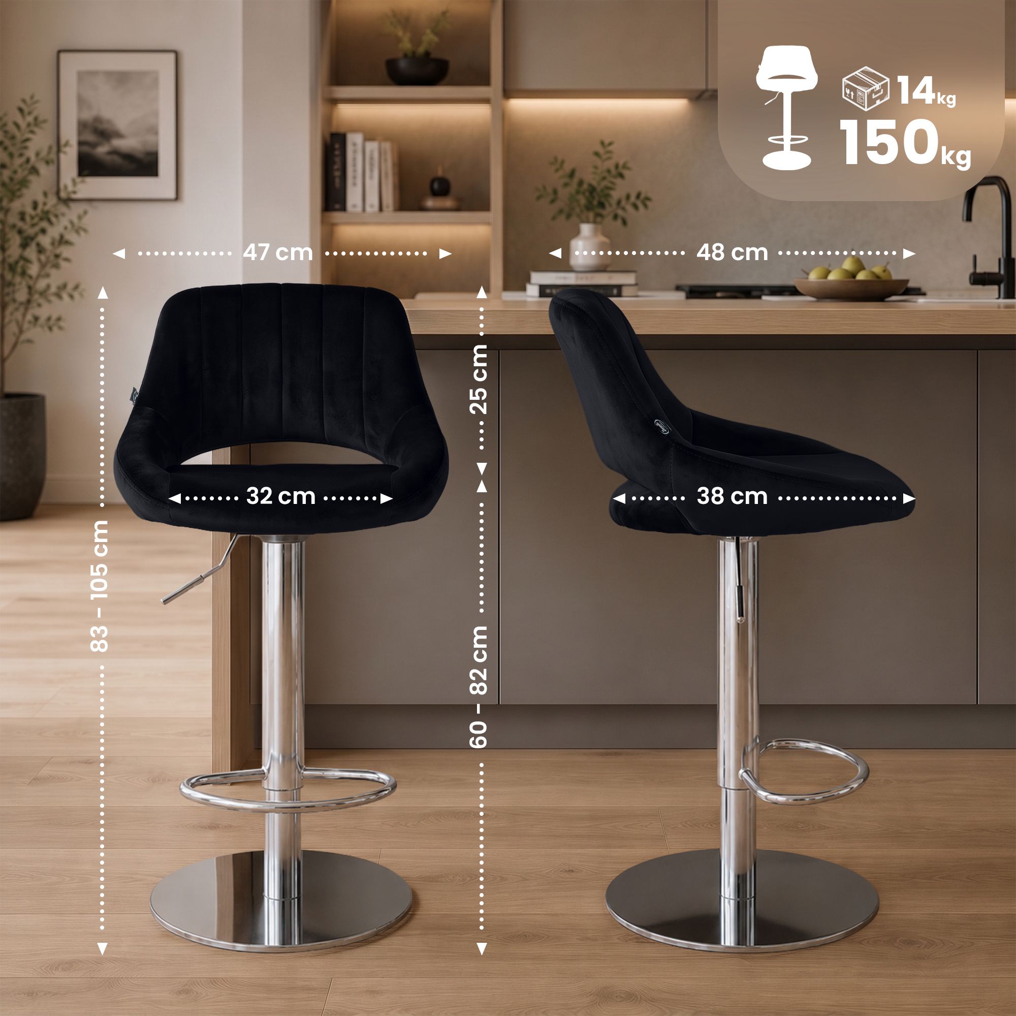 Lot de 2 tabourets de bar Milet chromés avec socles extra lourds