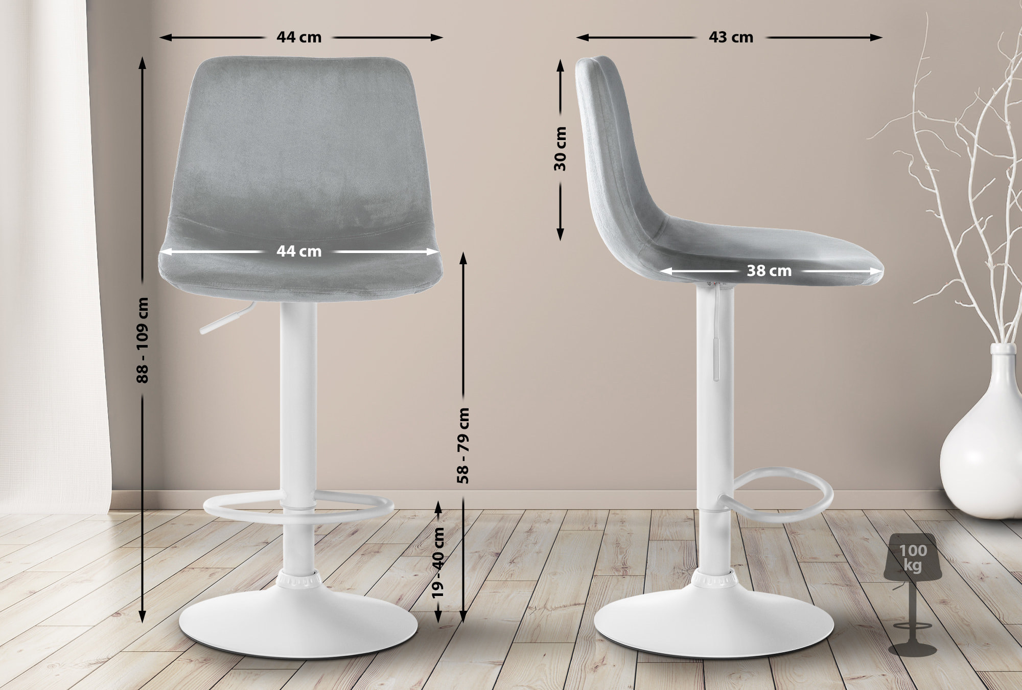 Tabouret de bar Divo en Velours Pied trompette en Métal