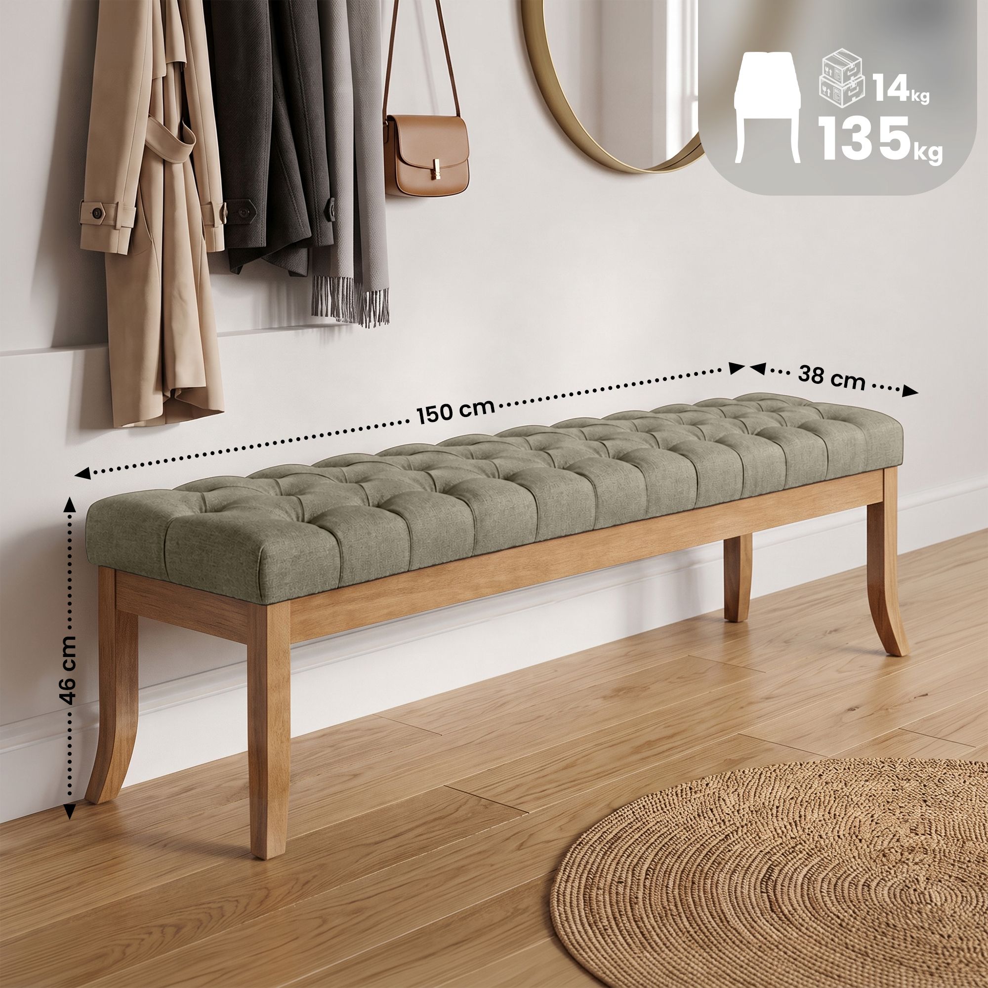 Banc Ramses tissu pieds antique clair
