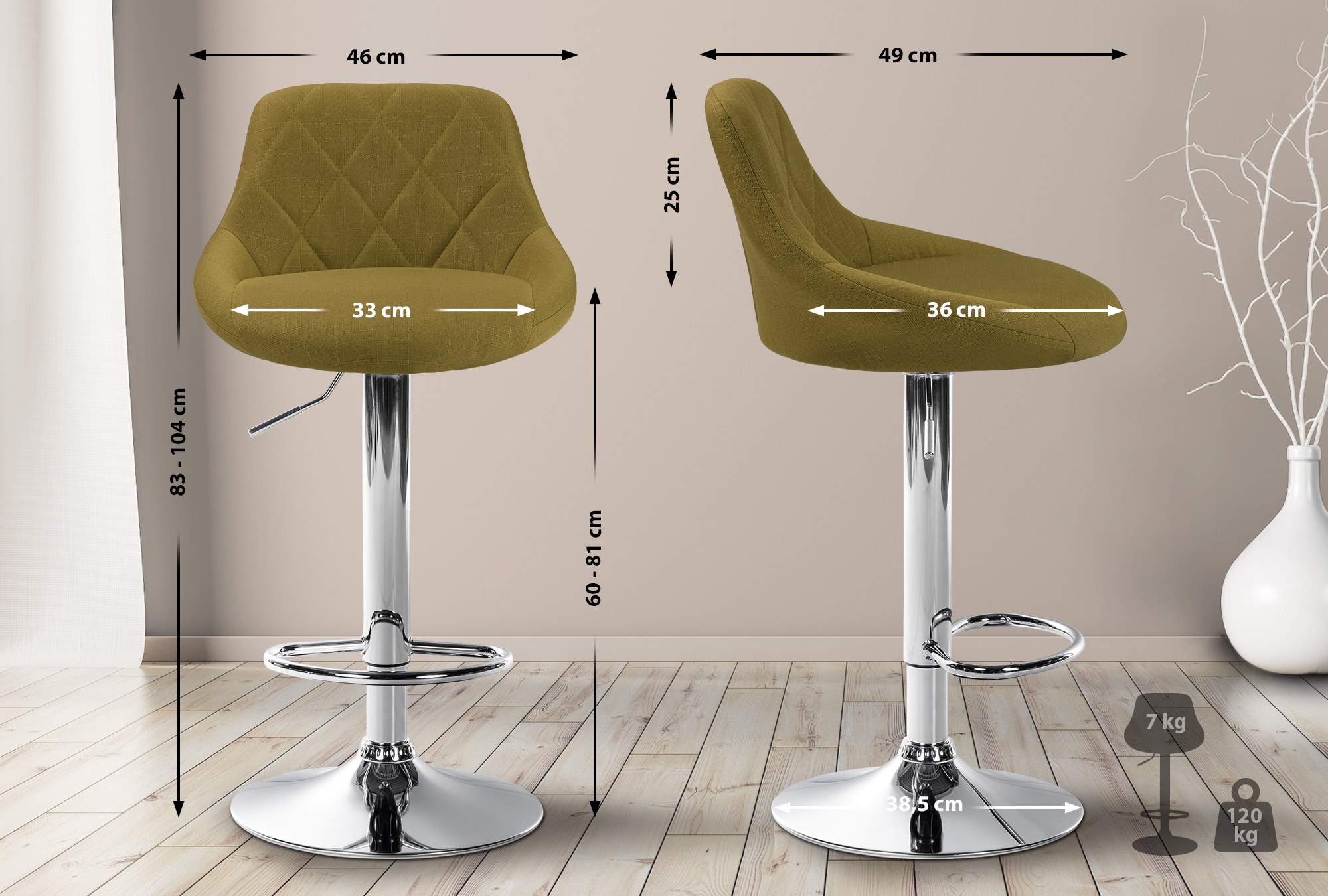 Tabouret de bar Lazio en Tissu Hauteur réglable siège pivotant