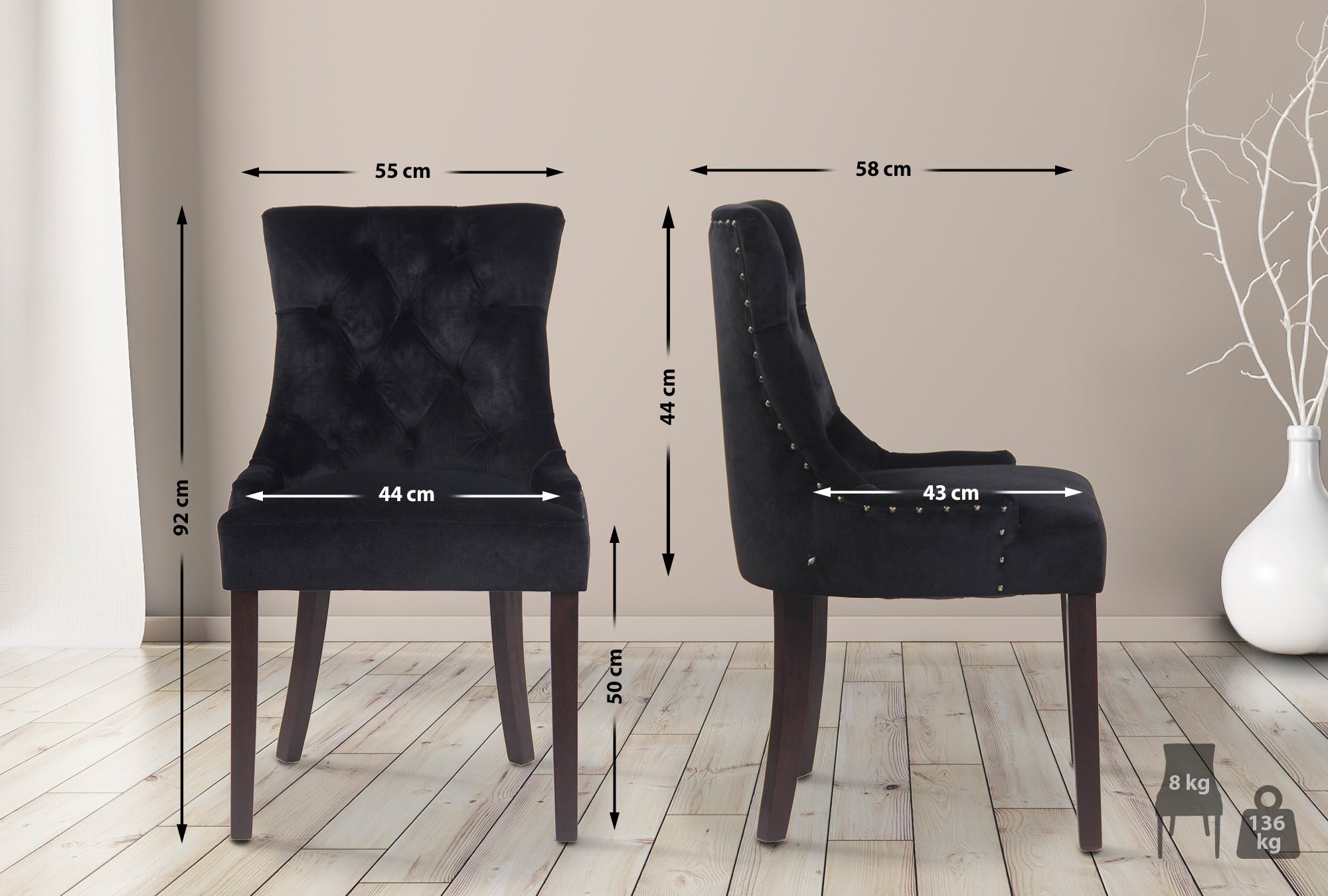 Chaise de salle à manger Aberdeen en Velours avec Piètement en bois d'hévéa