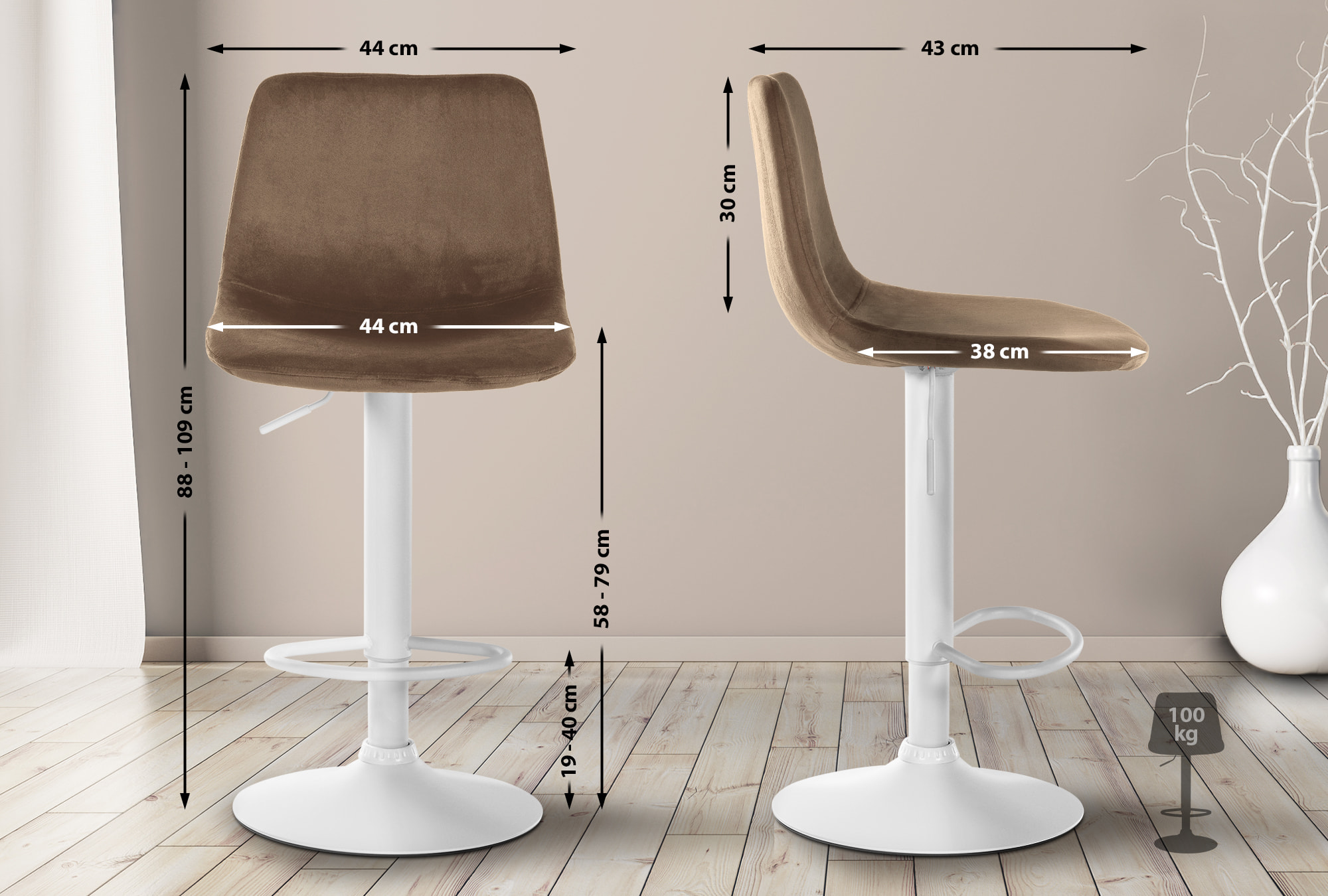 Tabouret de bar Divo en Velours Pied trompette en Métal
