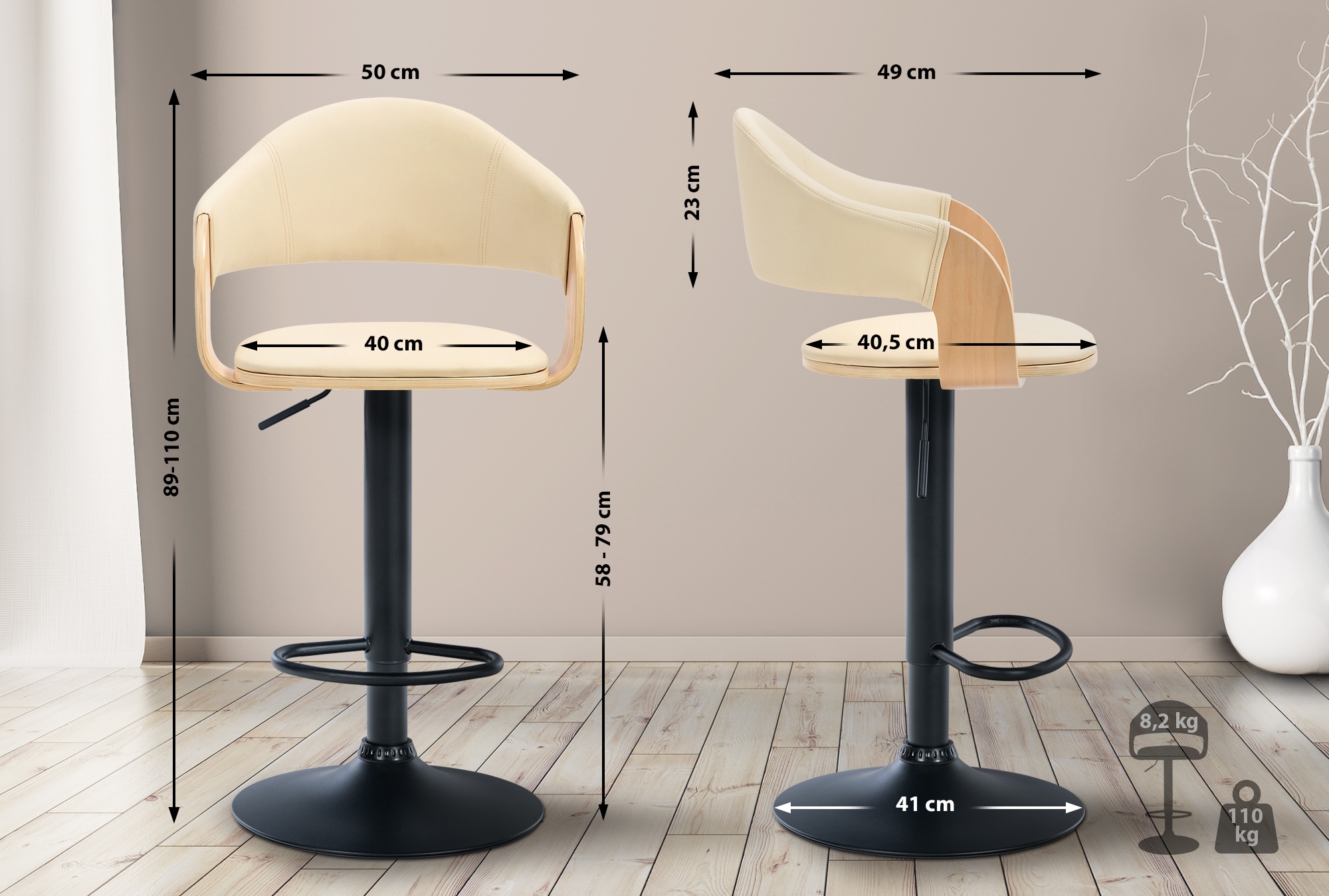 Tabouret de bar Nilse avec Coque en bois assise en similicuir