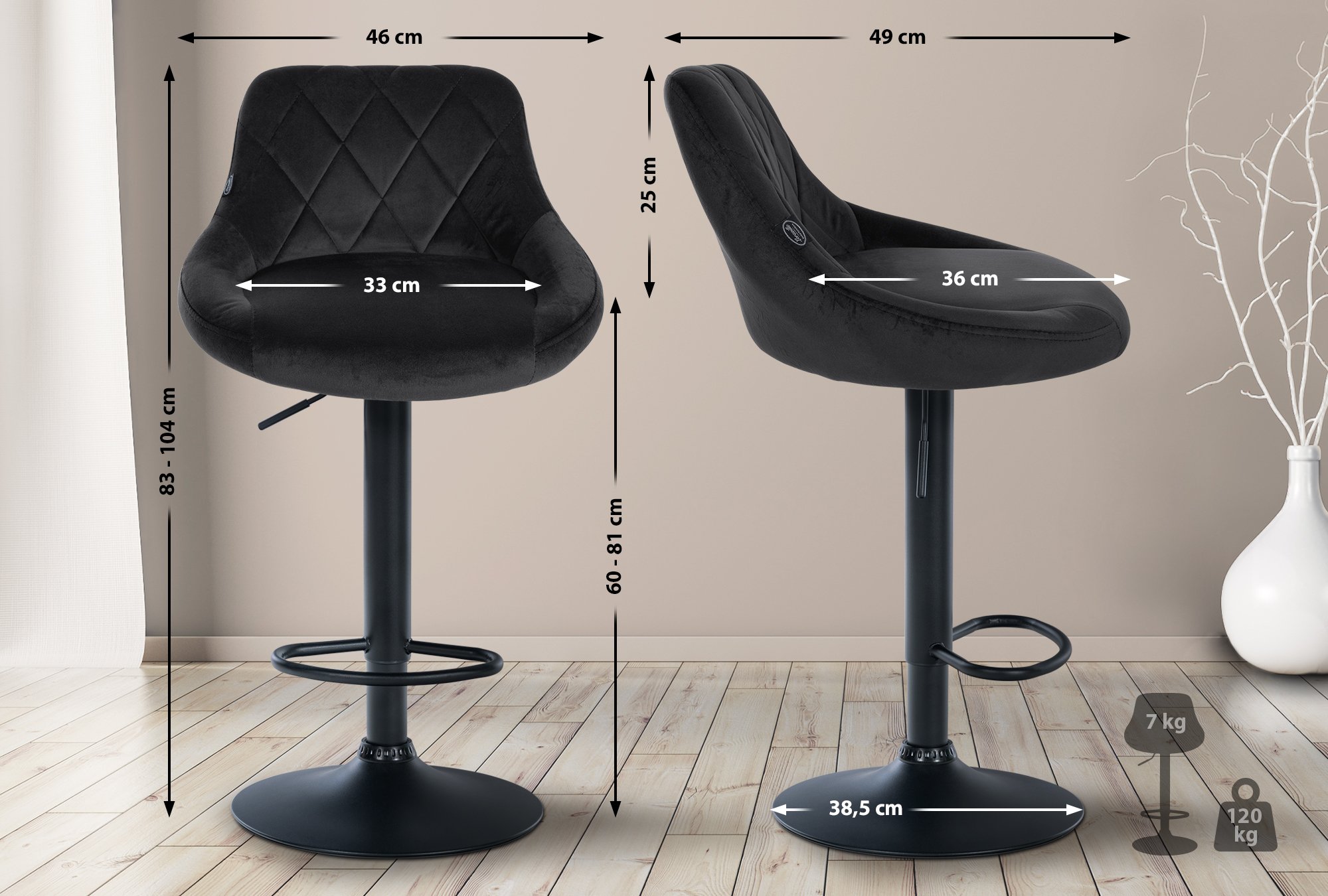 Tabouret de bar Lazio en velours avec pied en métal