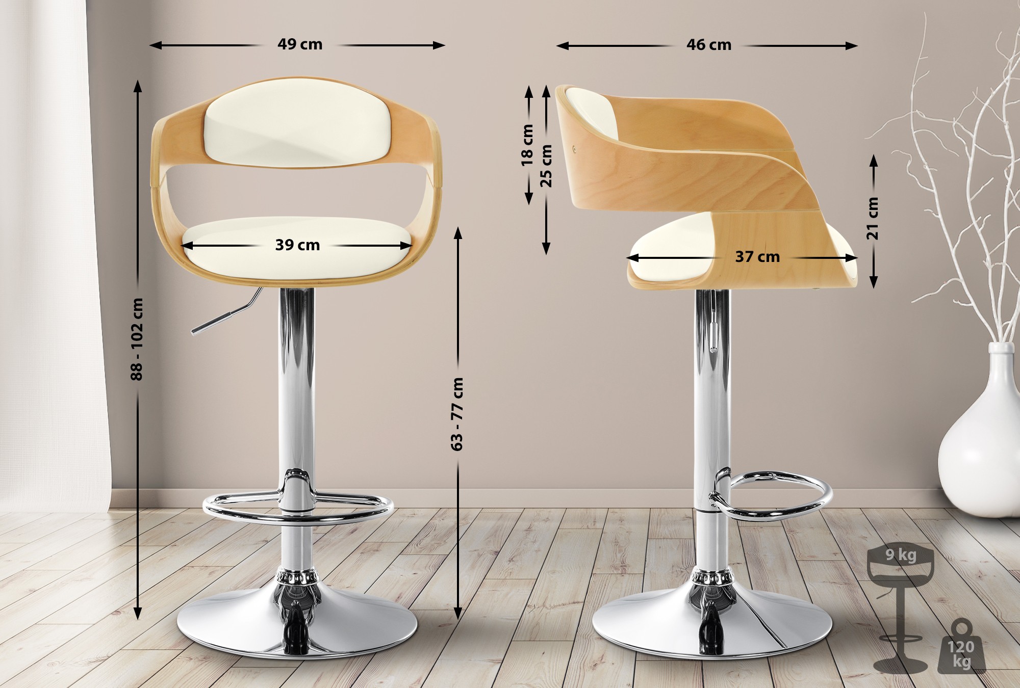 Tabouret de bar Kingston avec Coque en bois Assise en similicuir