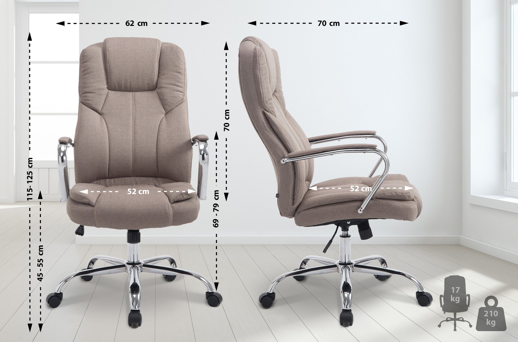 Fauteuil de bureau XXL Xanthos en Tissu capacité de charge de 210 kg