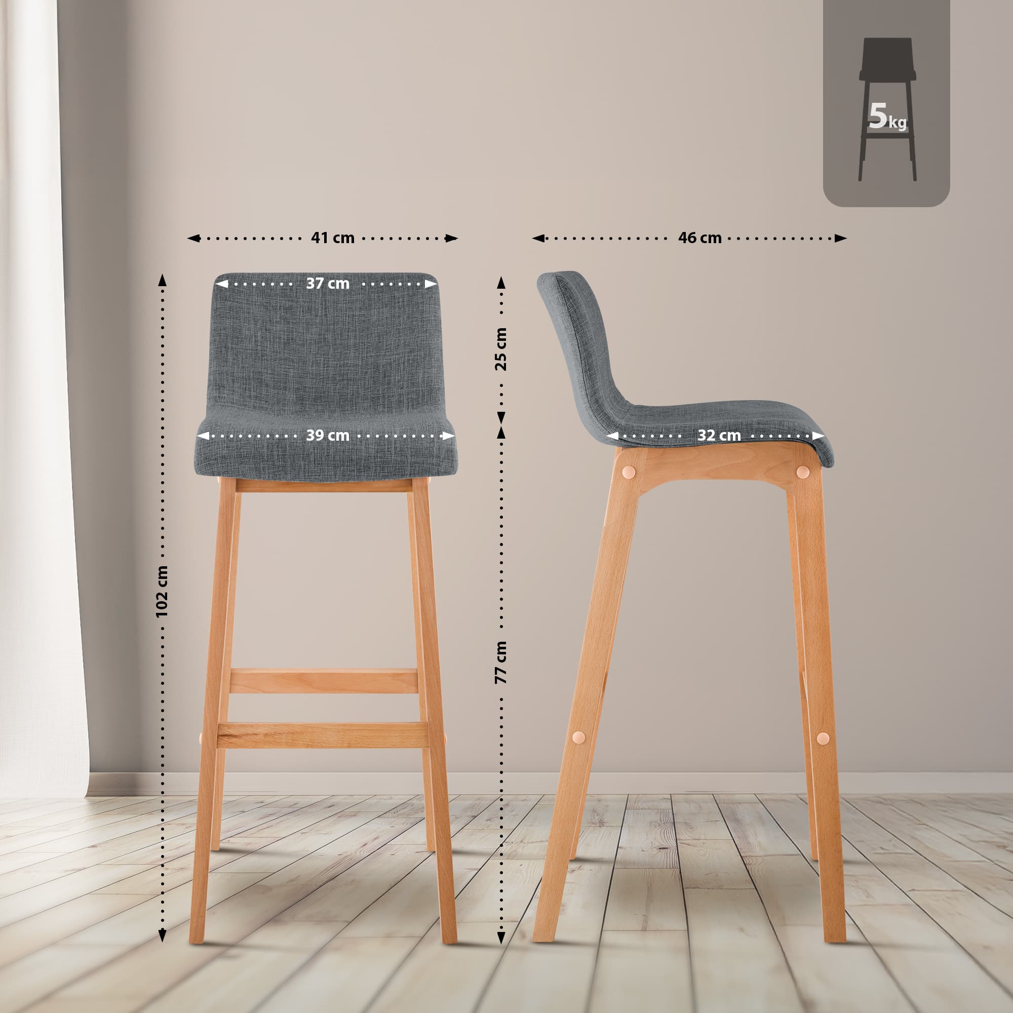 Tabouret de Bar Hover Tissu Piètement Quatre pieds Natura