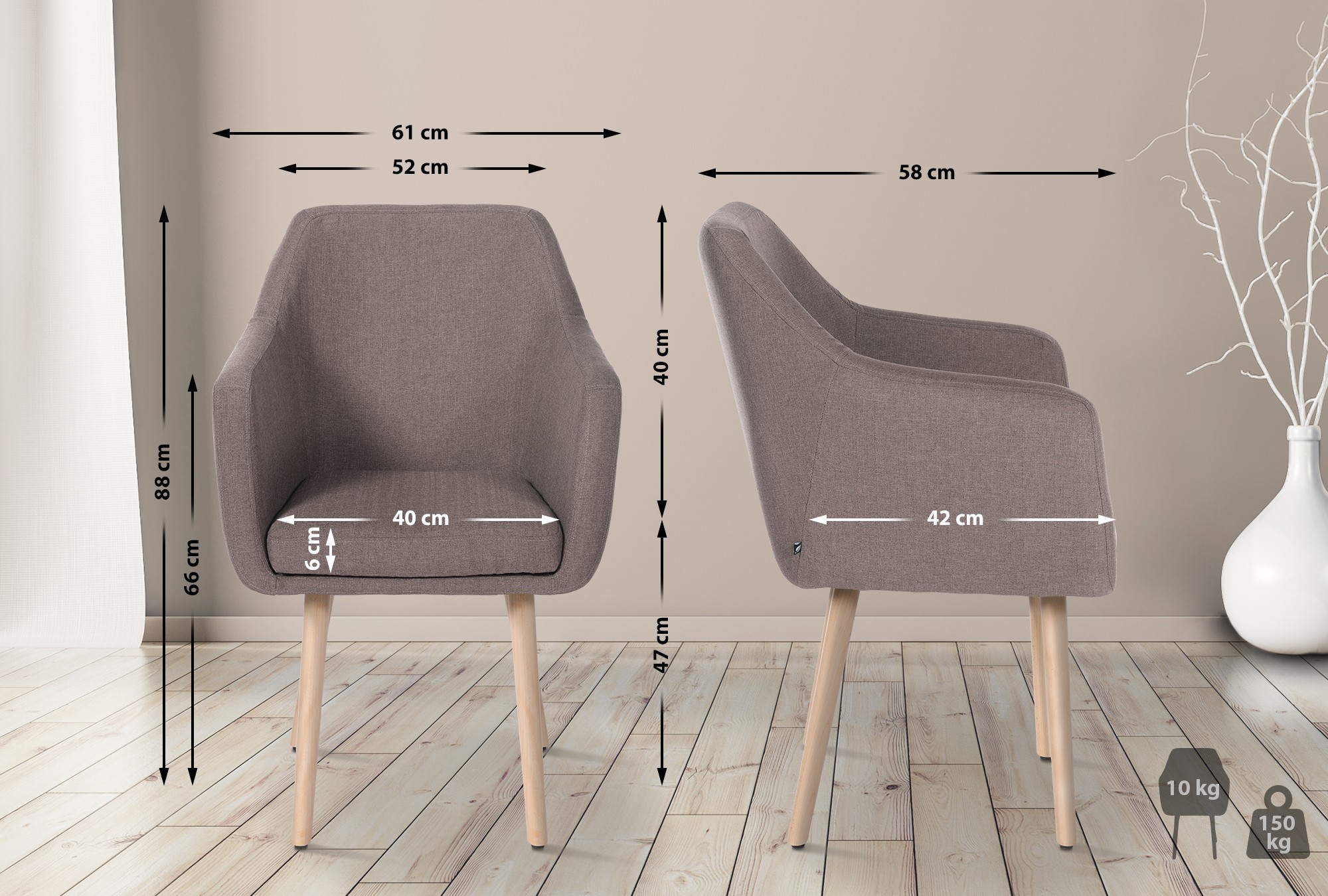 Chaise de salle à manger Utrecht en tissu avec pieds en bois
