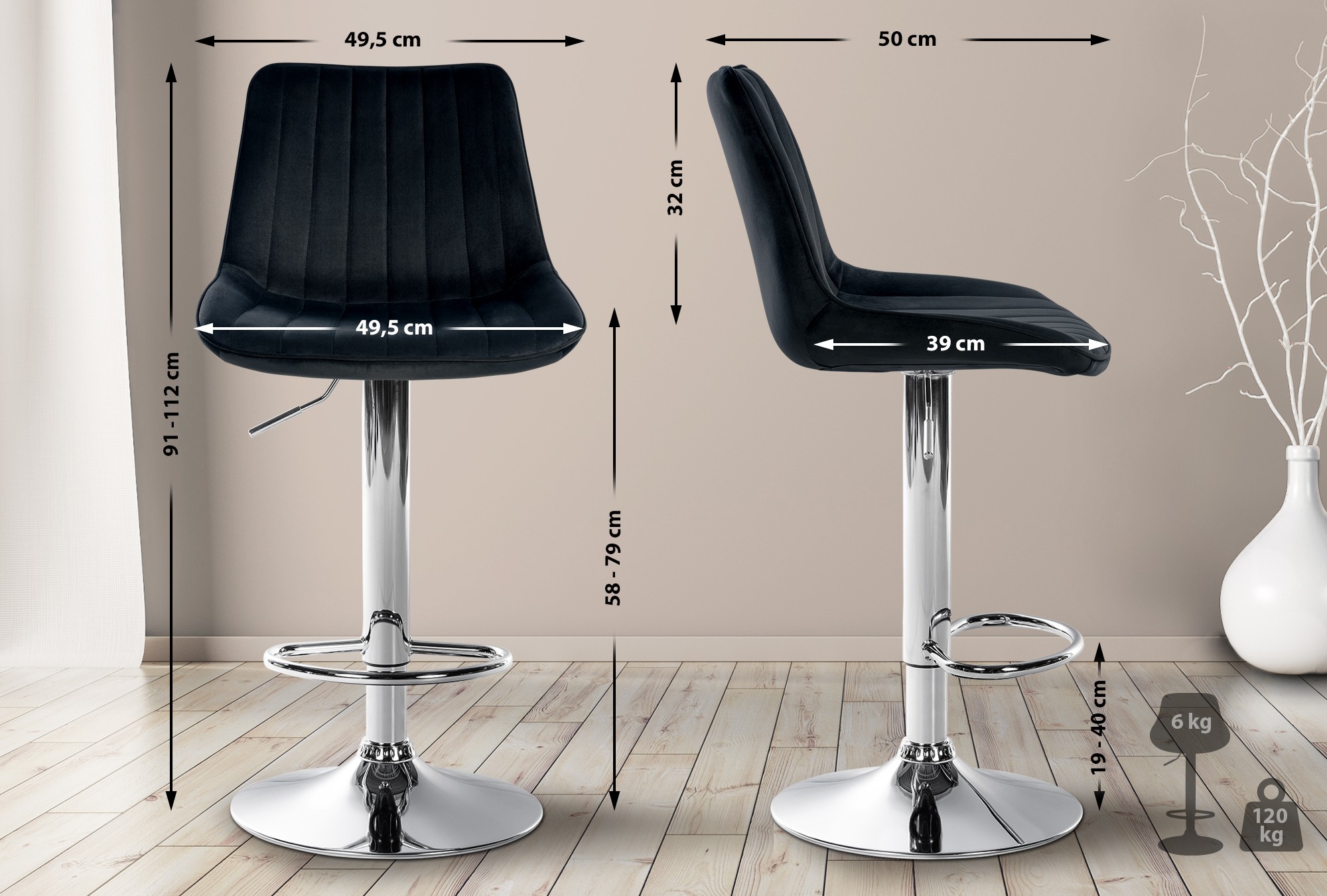 Tabouret de bar Toni en Velours Pied trompette en Métal
