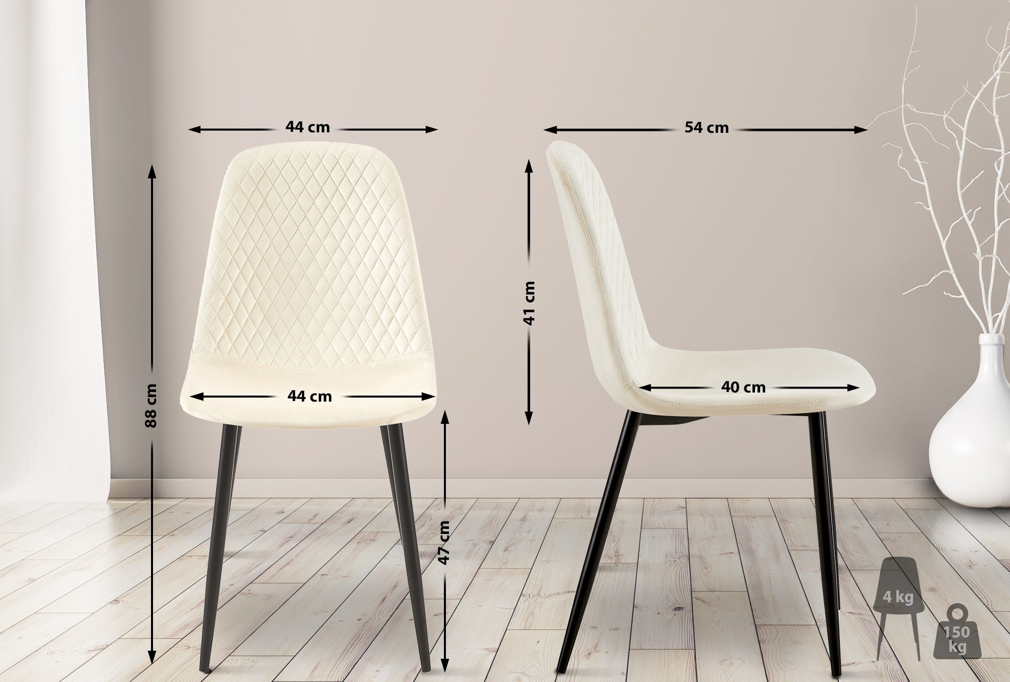 Lot de 4 Chaises de salle à manger Giverny avec Piètement en métal noir