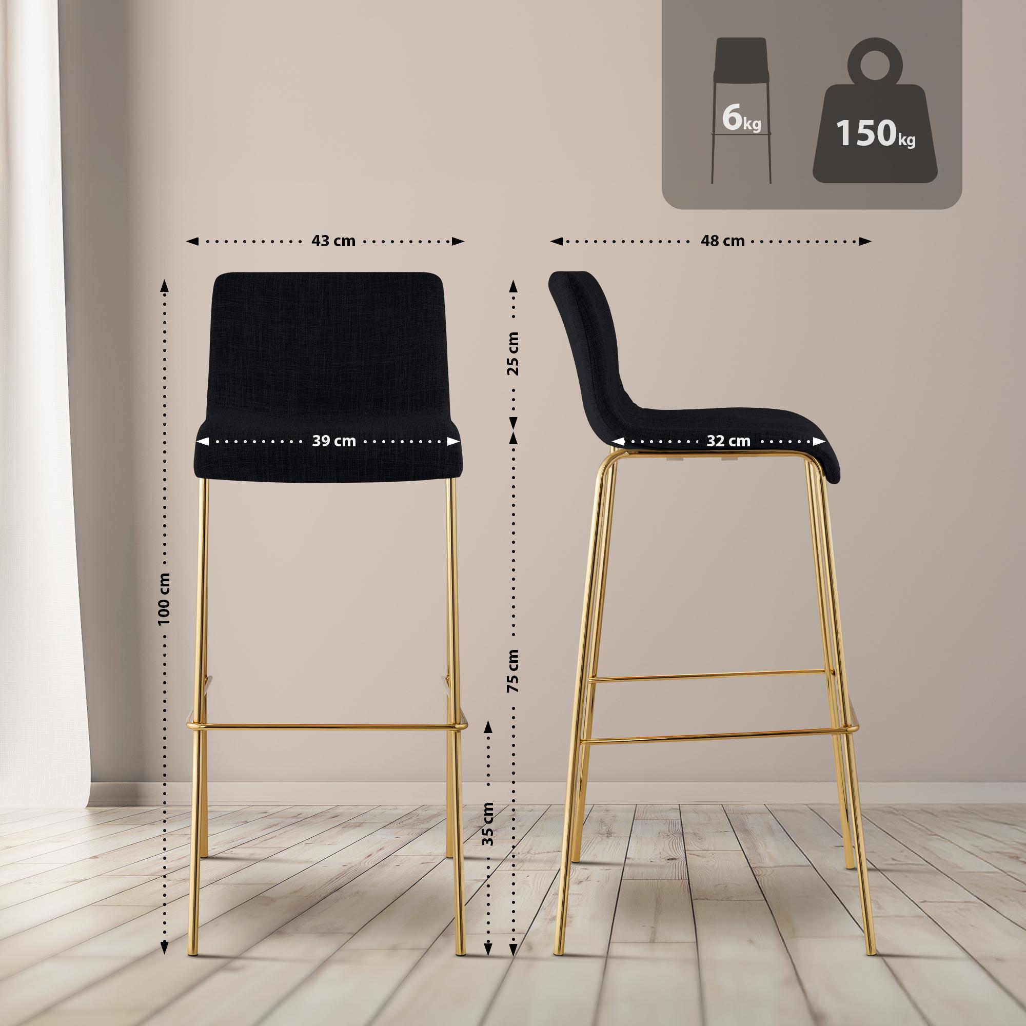 Lot de 2 Tabourets de bar Hover en tissu, piètement quatre pieds doré