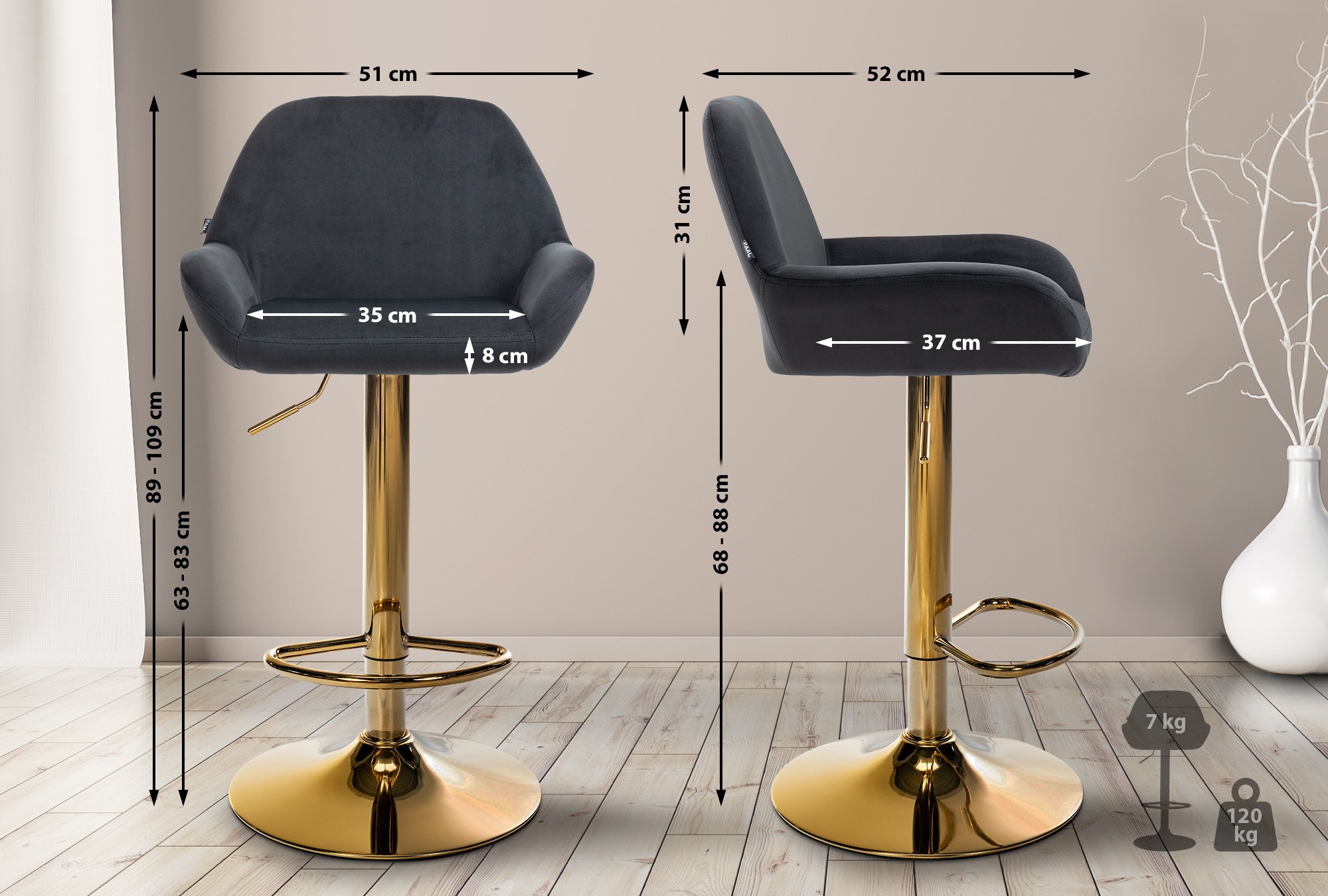 Lot de 2 tabourets de bar Braga or velours