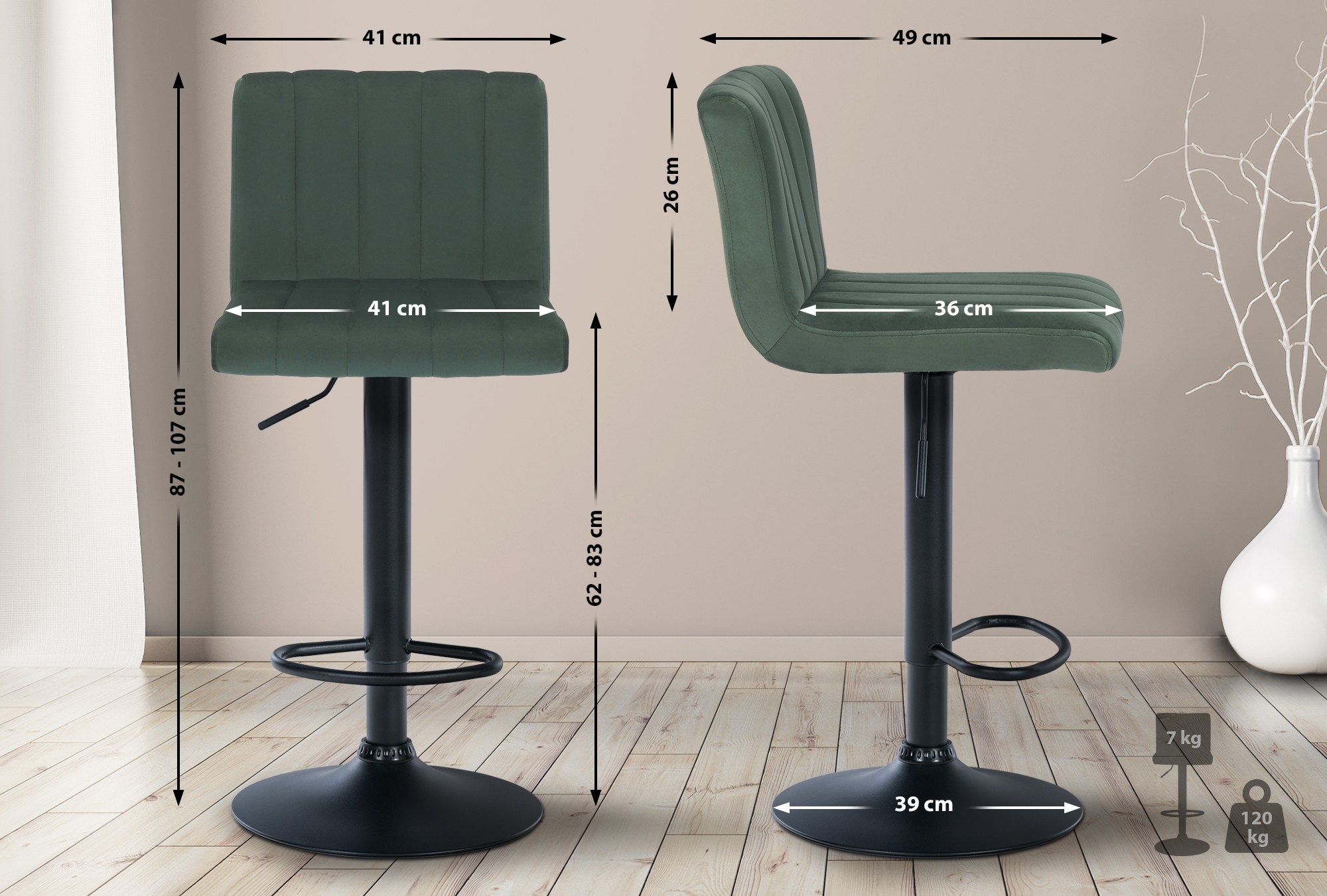 Tabouret de bar Jamie en Velours avec Piètement trompette en Métal