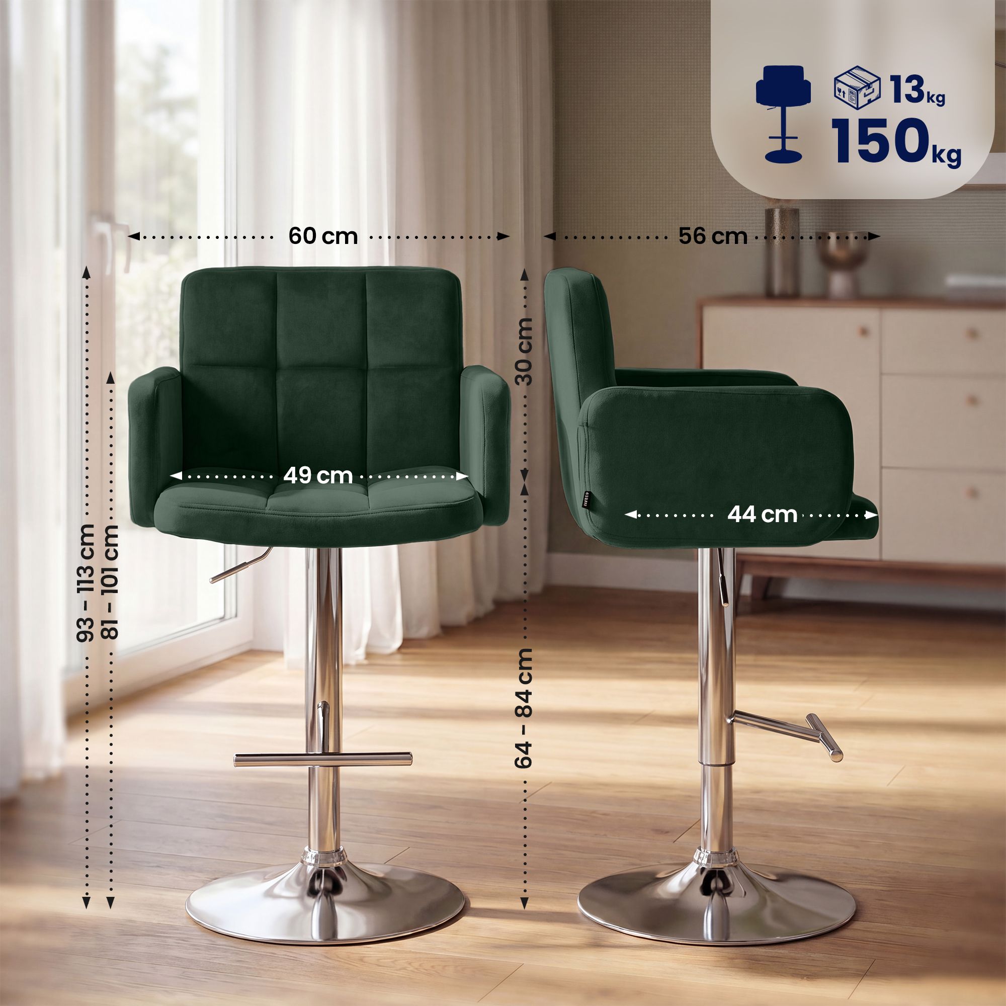 Lot de 2 tabourets de bar Los Angeles velours