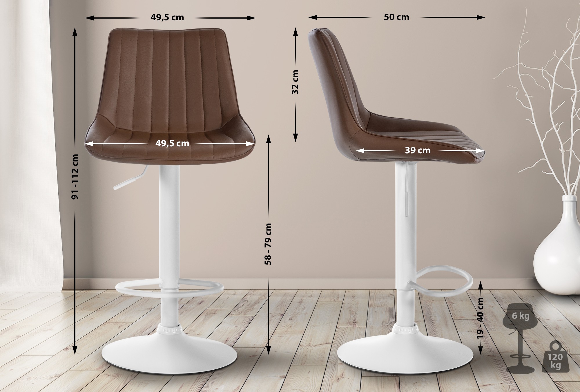 Tabouret de bar Toni en Similicuir Pied en Métal réglable pivotant
