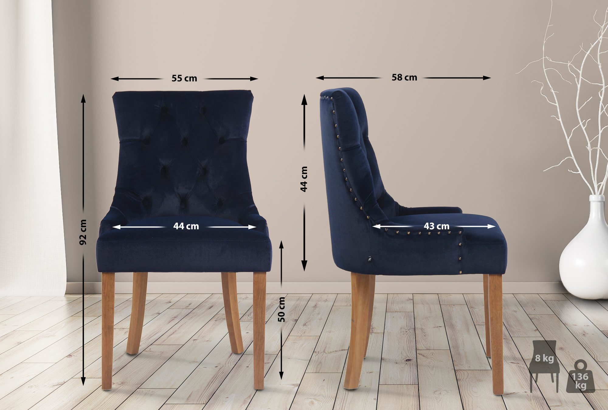 Chaise de salle à manger Aberdeen en Velours avec Piètement en bois d'hévéa