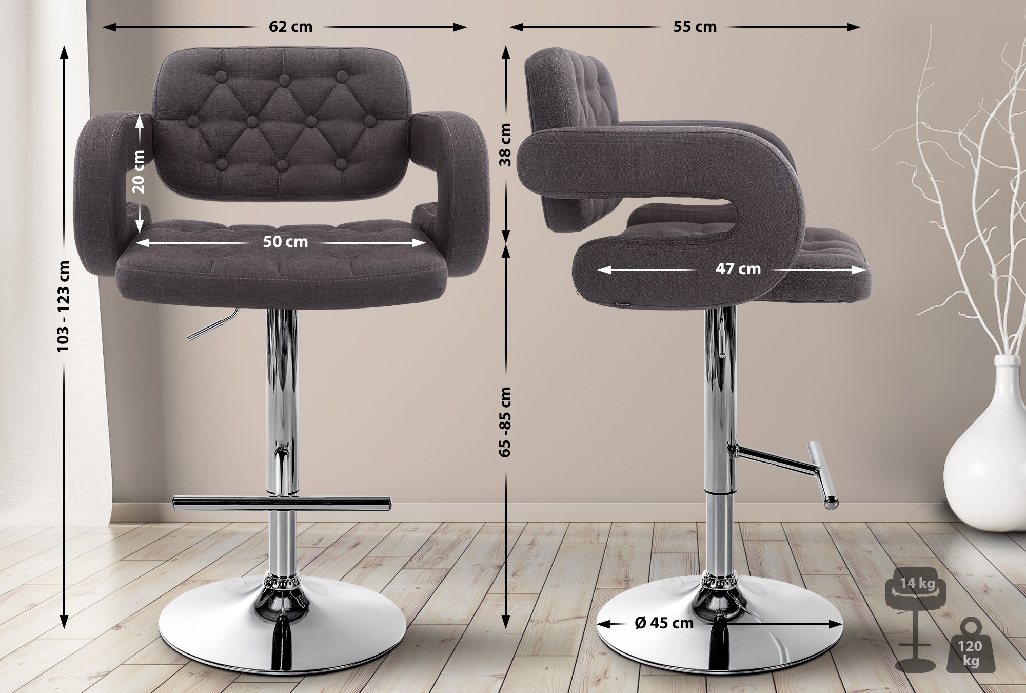 Lot de 2 tabourets de bar Dublin en tissu