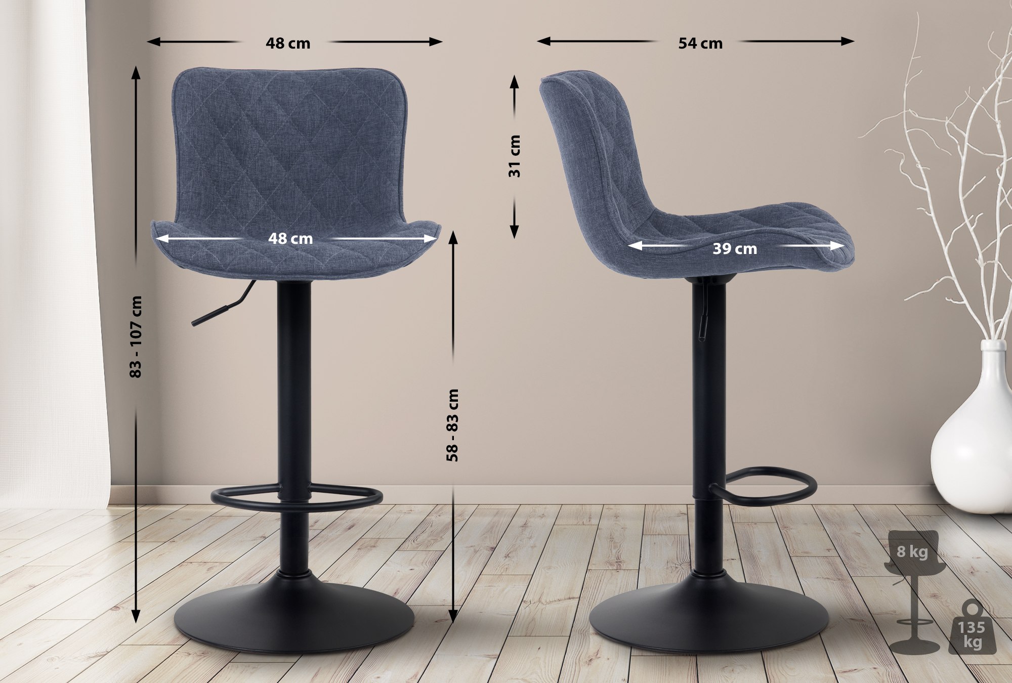 Tabouret de bar Emma Pied en Métal Hauteur réglable Siège pivotant
