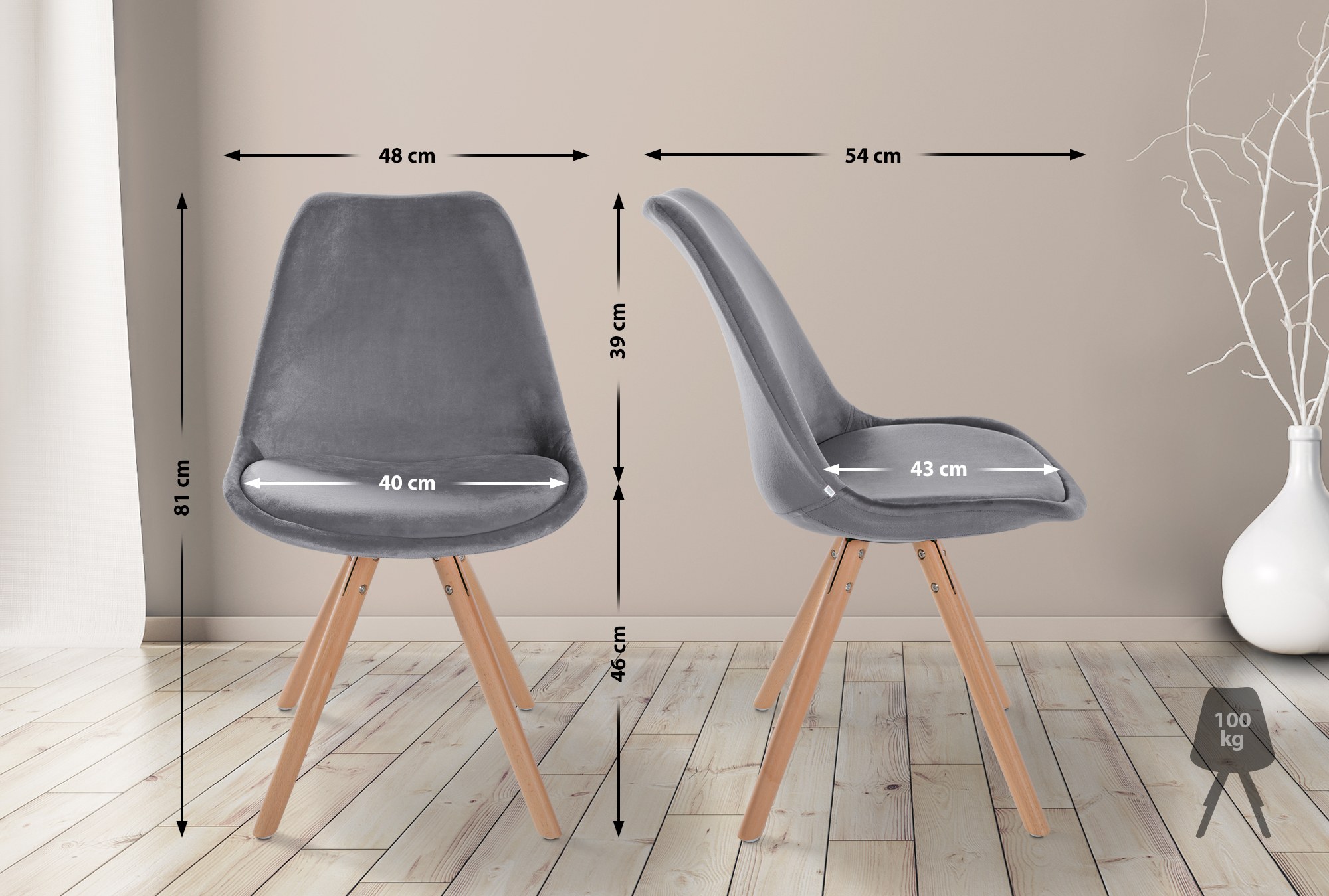 Lot de 4 chaises de salle à manger Sofia en velours Pieds en bois
