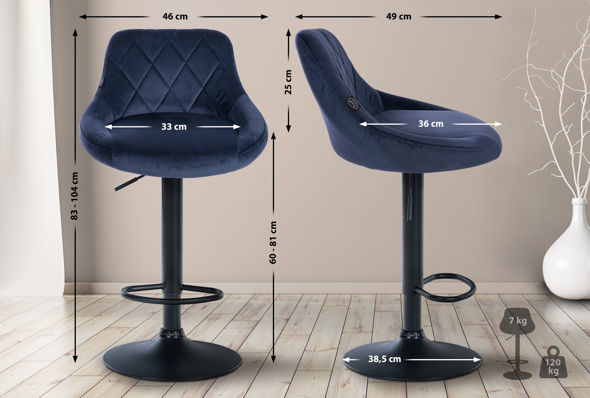 Lot de 2 tabourets de bar Lazio velours