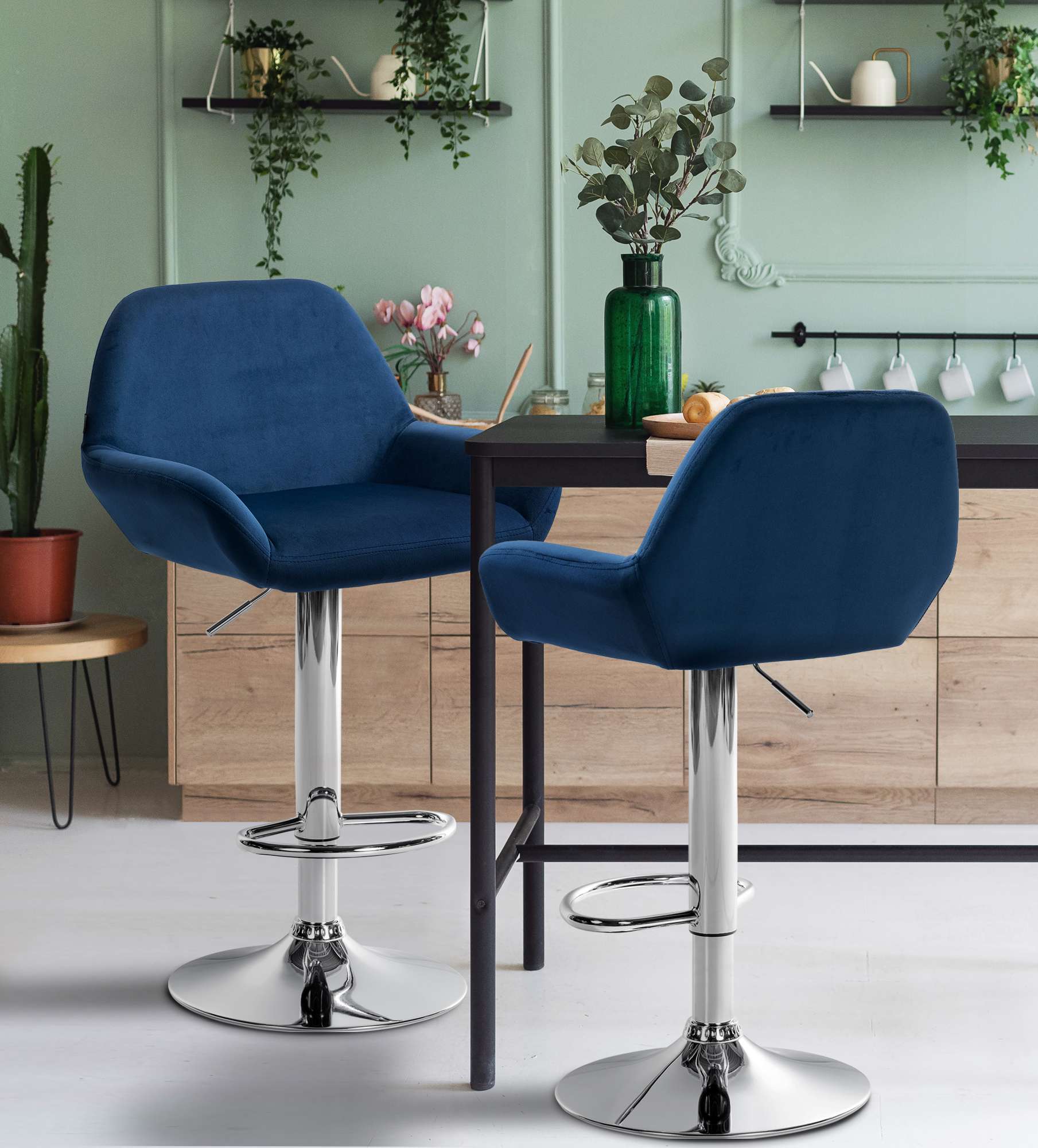 Tabouret de bar Braga Velours avec pied en métal réglable et pivotant