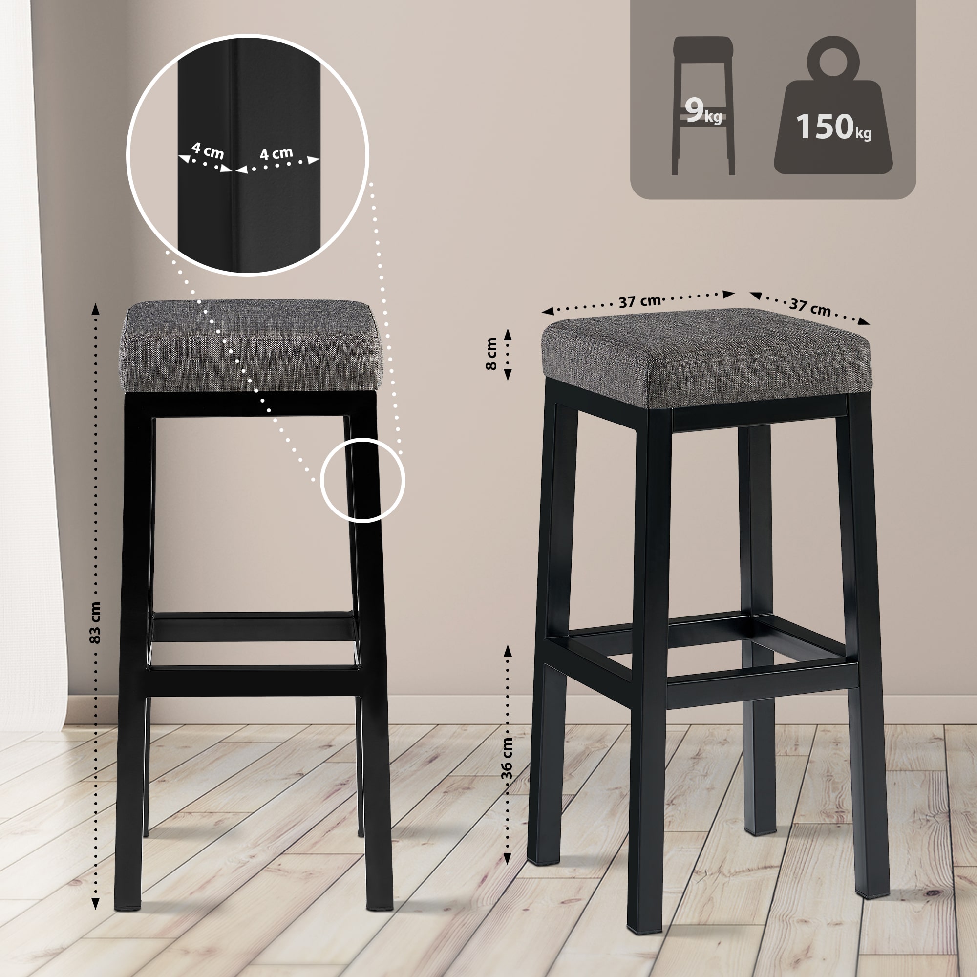 Tabouret de bar Taylor hauteur d'assise 83 cm piètement métal noir