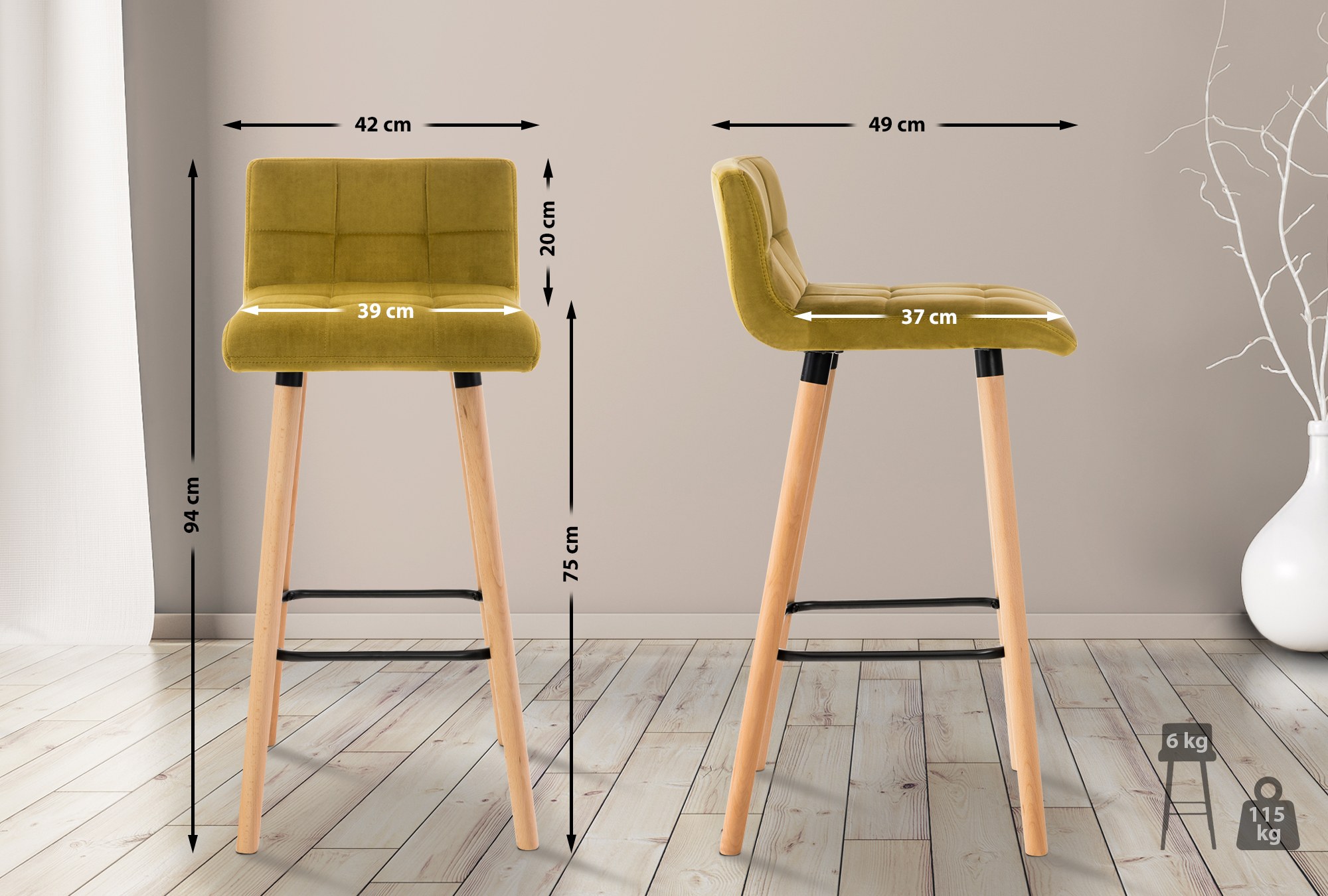 Lot de 2 tabourets de bar Lincoln velours