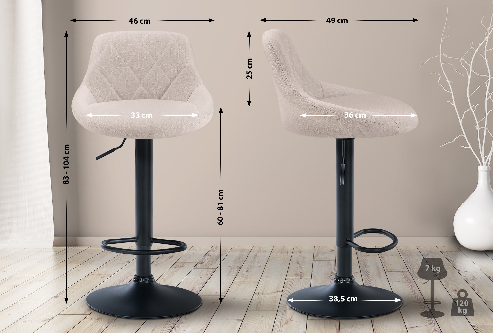 Tabouret de bar Lazio en Tissu Hauteur réglable siège pivotant