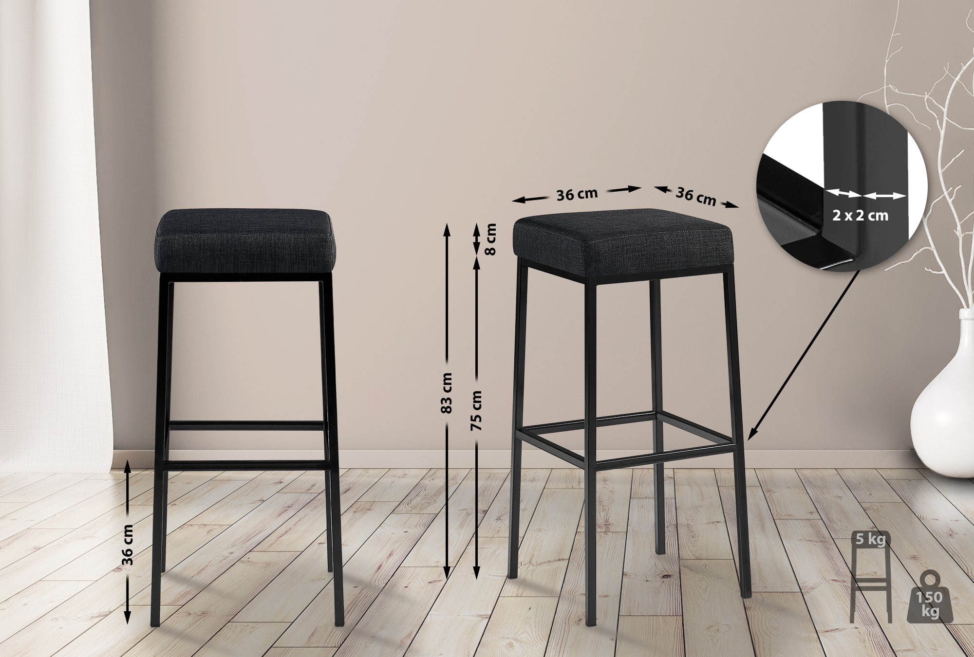 Lot de 2 tabourets de bar Montréal avec revêtement en tissu