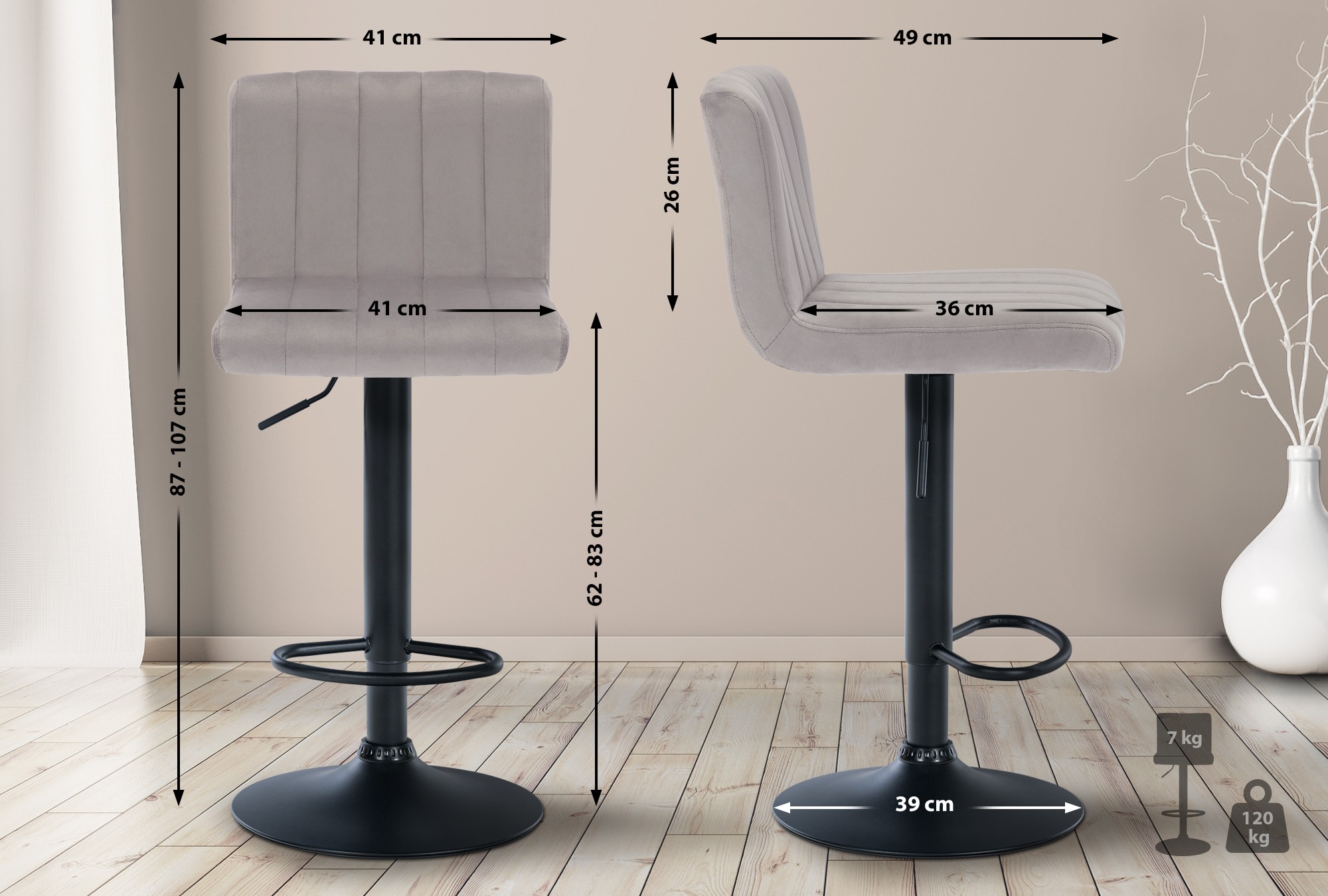 Tabouret de bar Jamie en Velours avec Piètement trompette en Métal