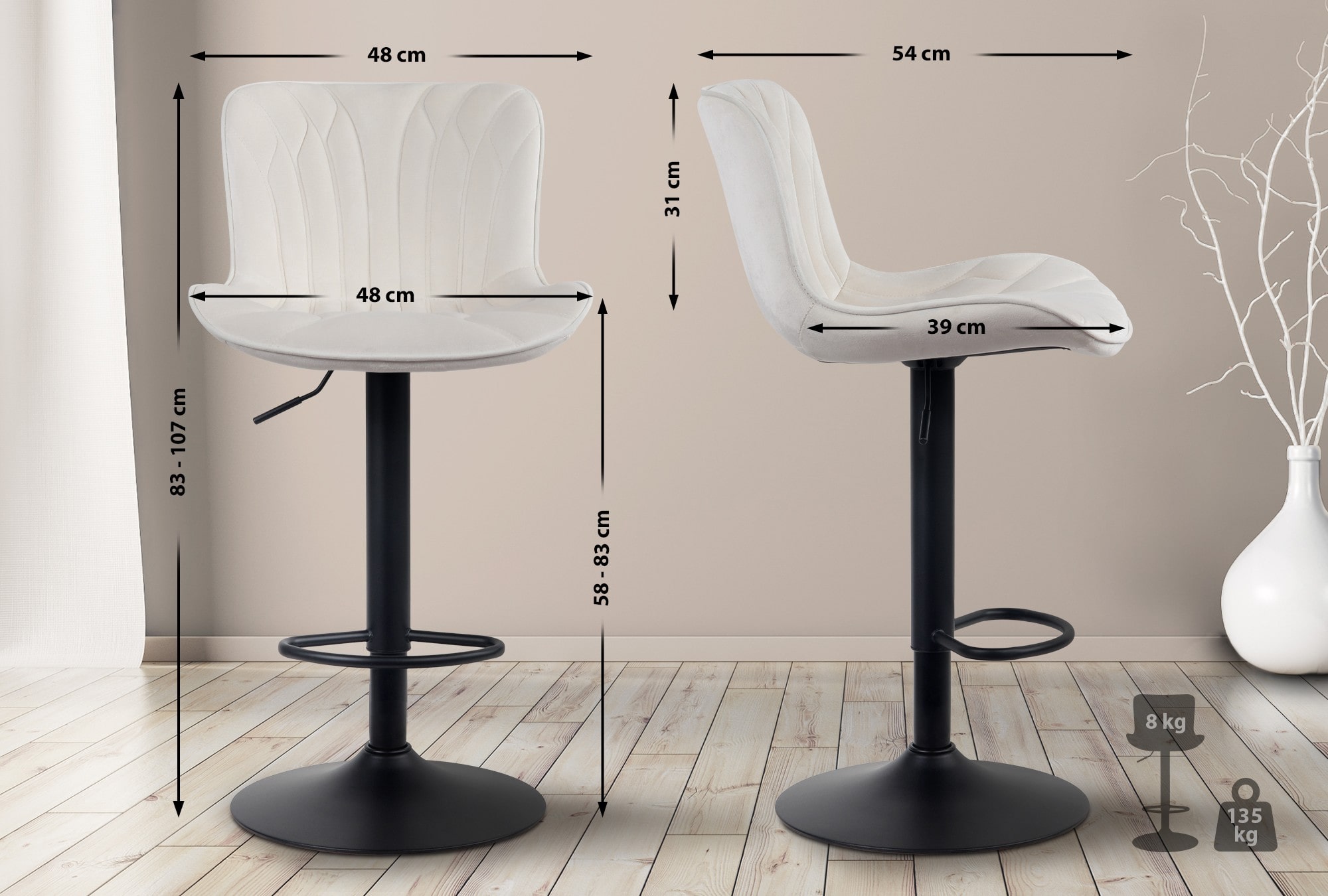 Tabouret de bar Linus Pied en Métal Hauteur réglable Siège pivotant