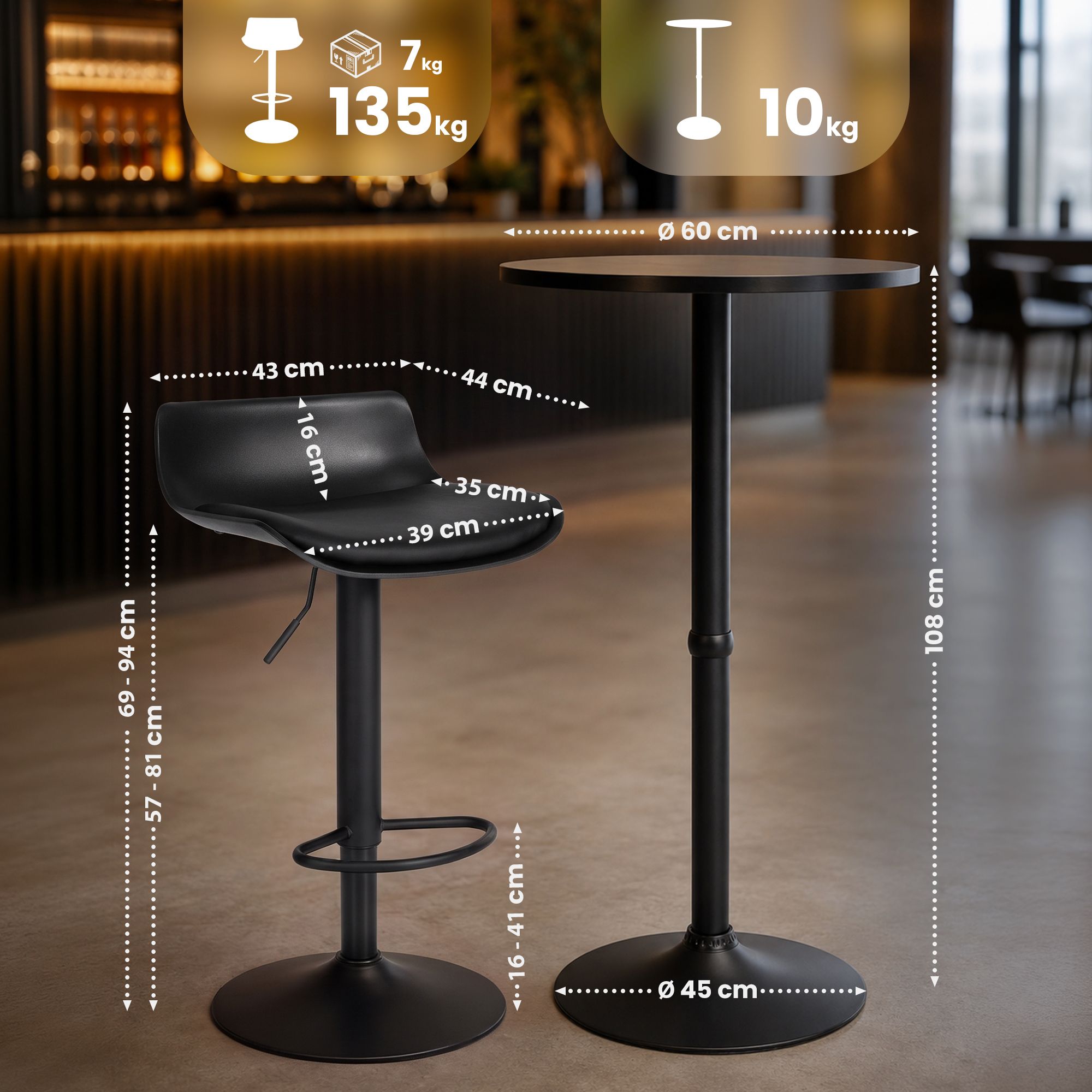 Ensemble table haute Navo avec 2 tabourets de bar en similicuir