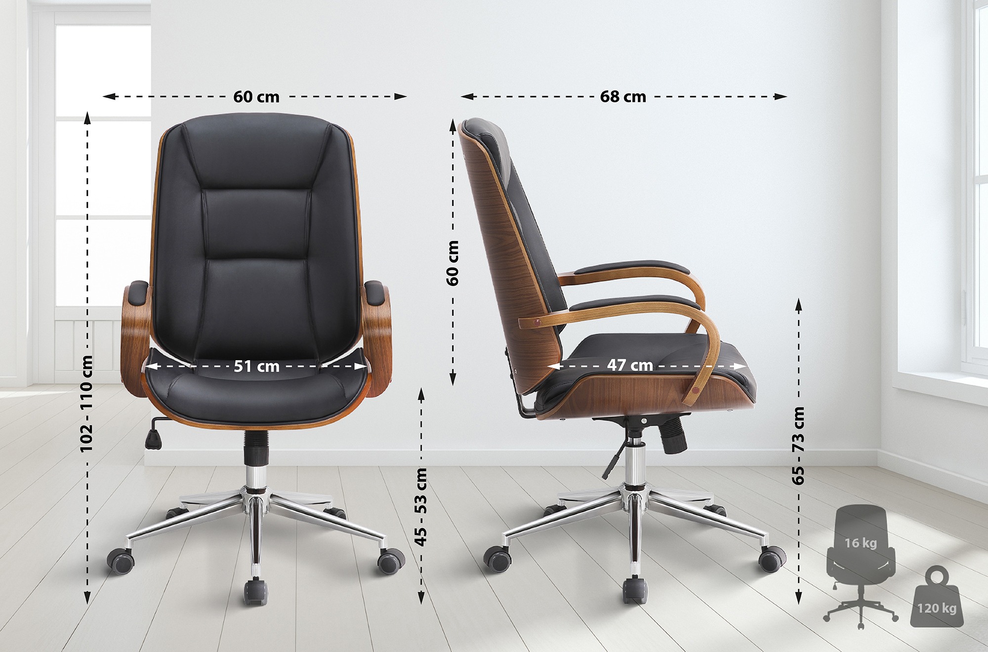 Fauteuil de bureau Yankton en similicuir avec coque de siège en bois