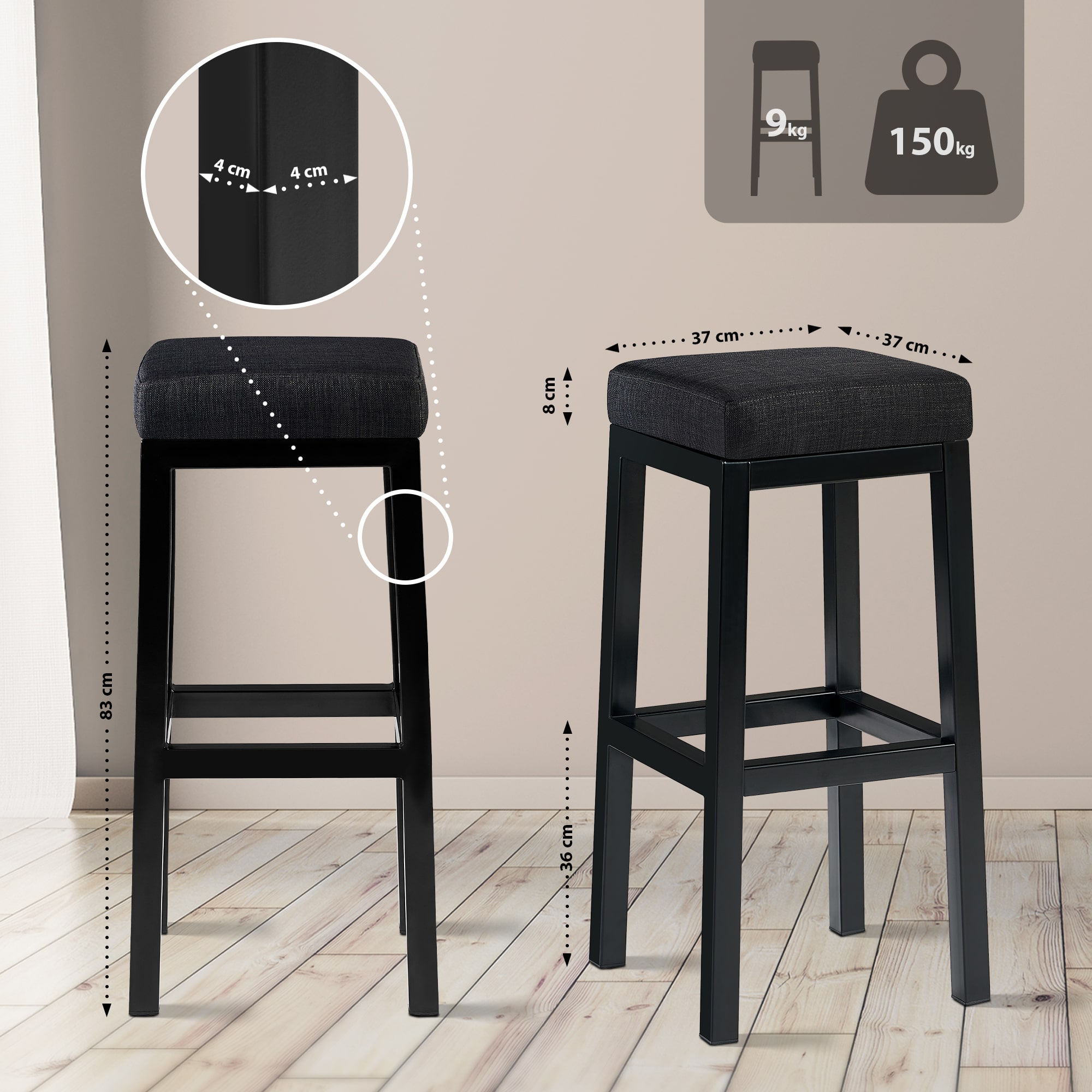 Tabouret de bar Taylor hauteur d'assise 83 cm piètement métal noir