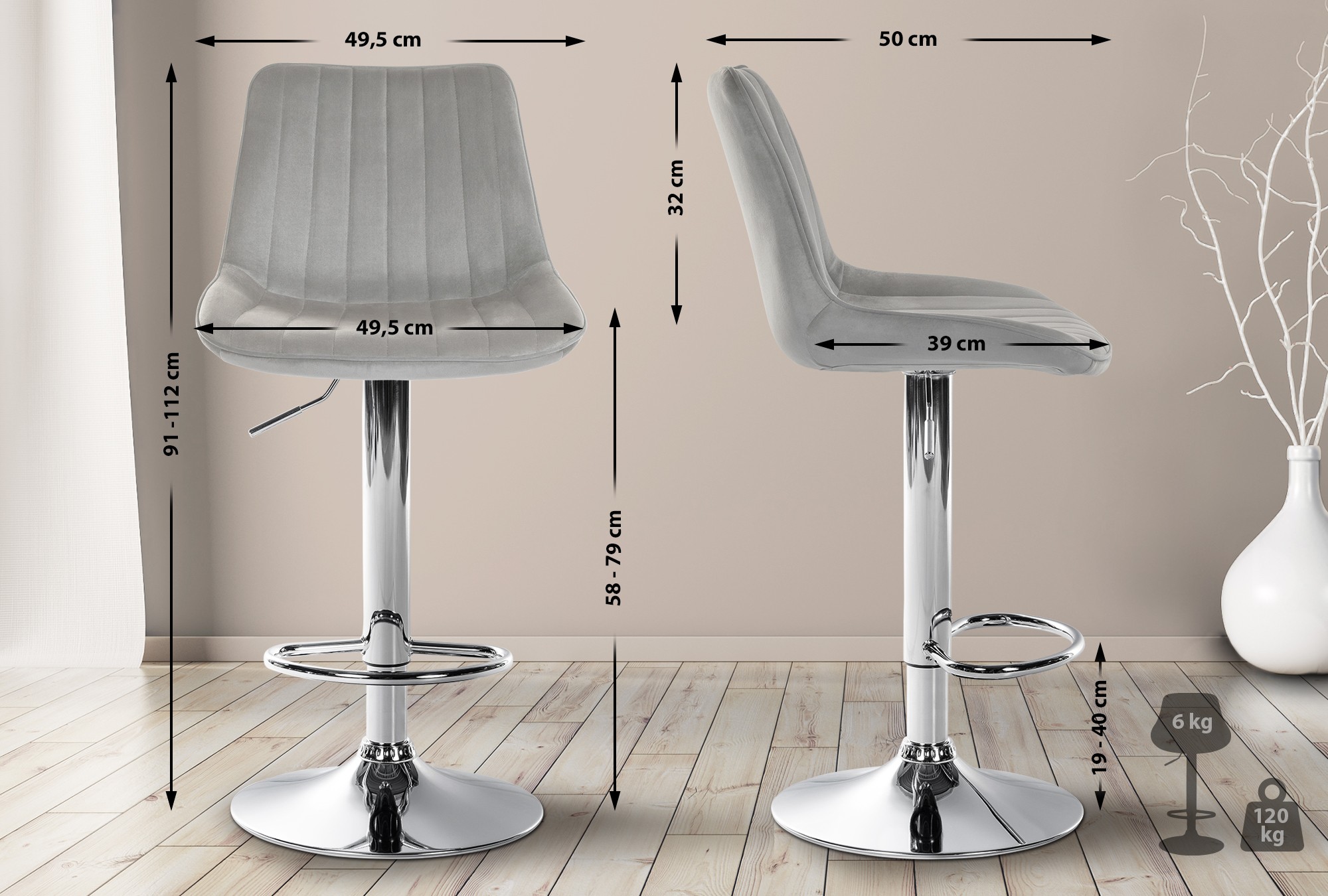 Tabouret de bar Toni en Velours Pied trompette en Métal