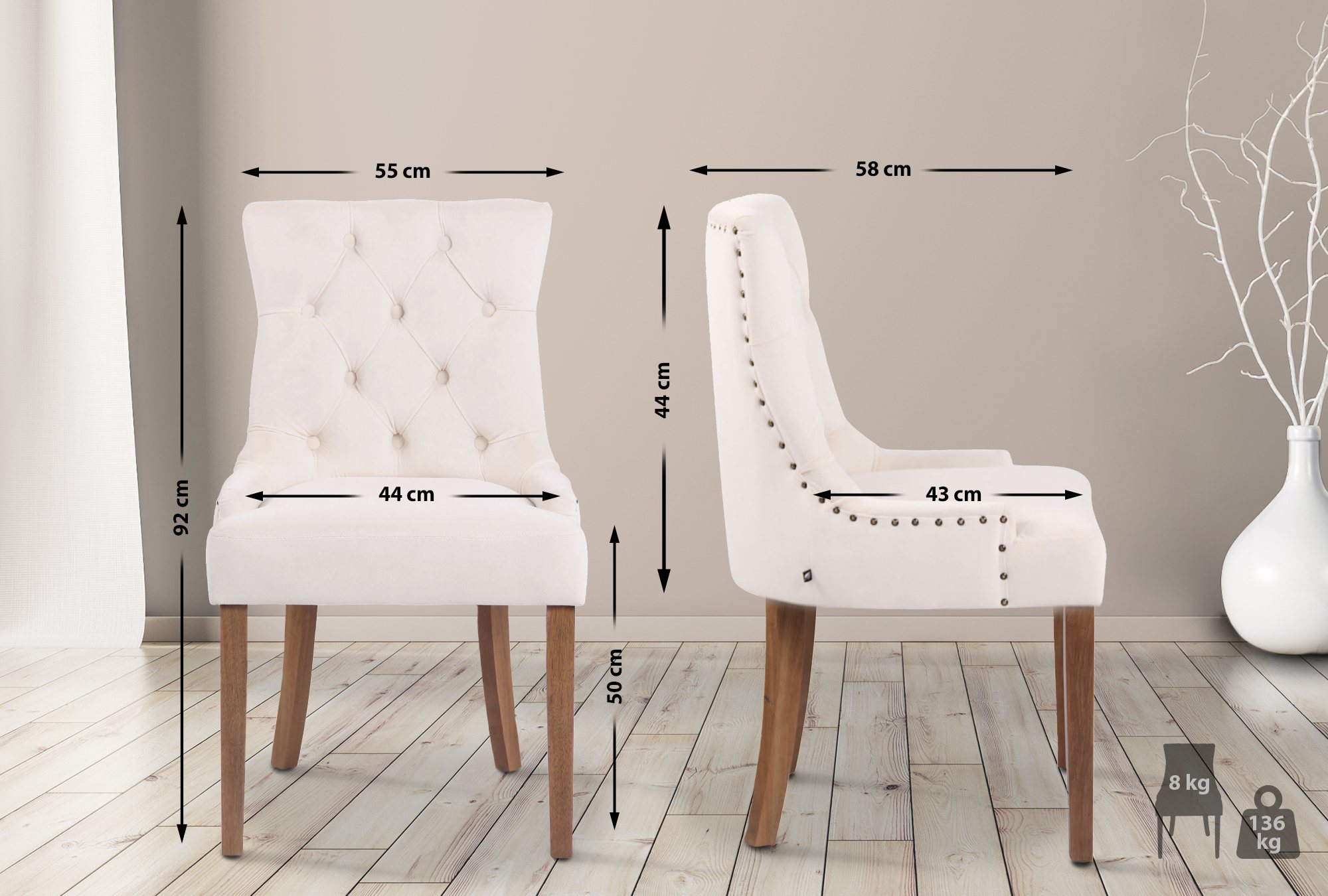 Lot de 4 Chaises de salle à manger Aberdeen en Velours Piètement en bois d'hévéa