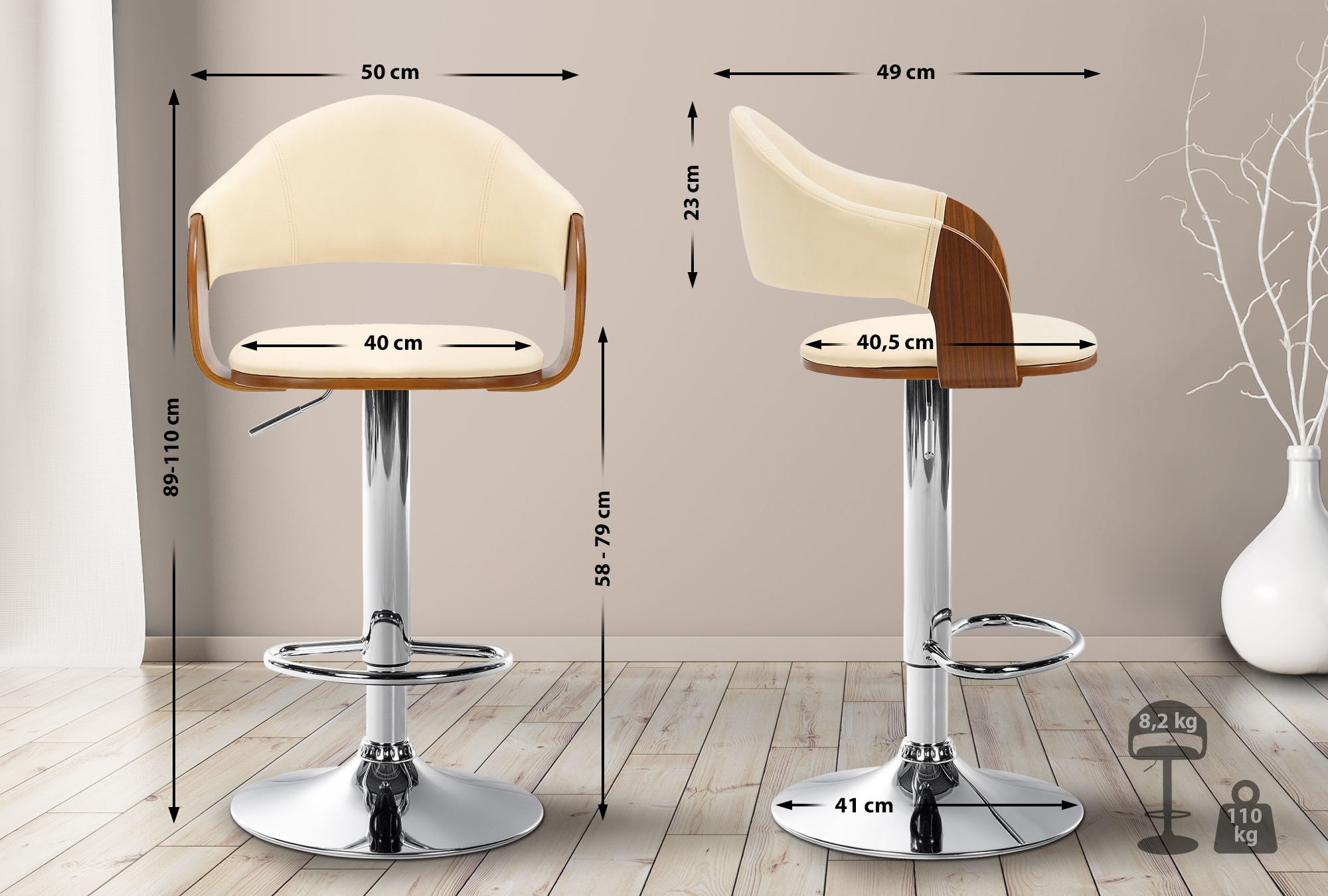 Tabouret de bar Nilse avec Coque en bois assise en similicuir