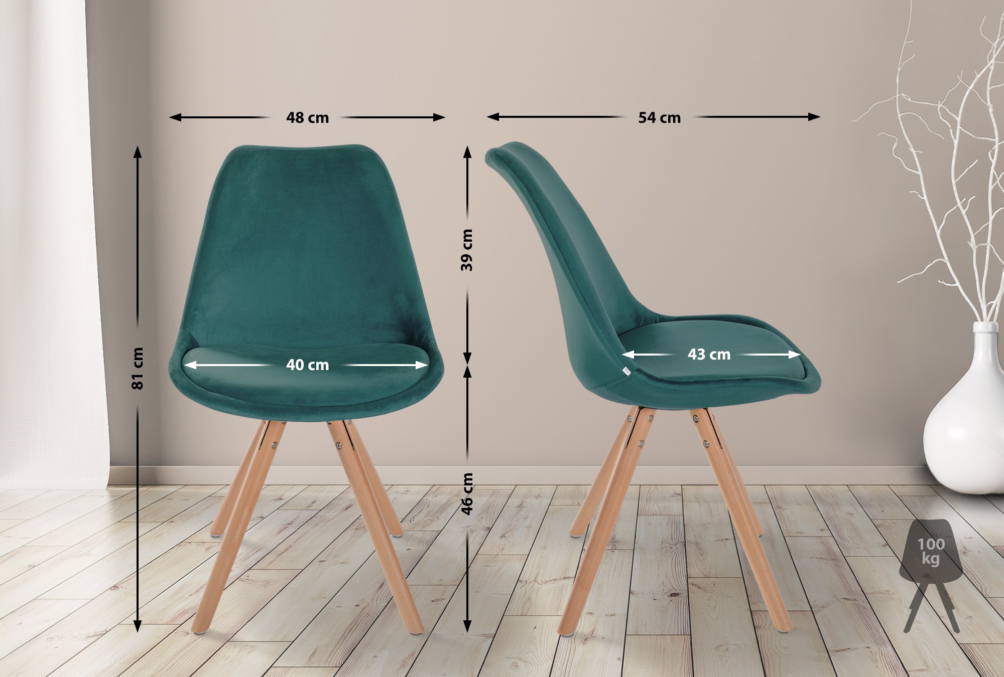 Chaise de salle à manger Sofia en velours avec Pieds en bois