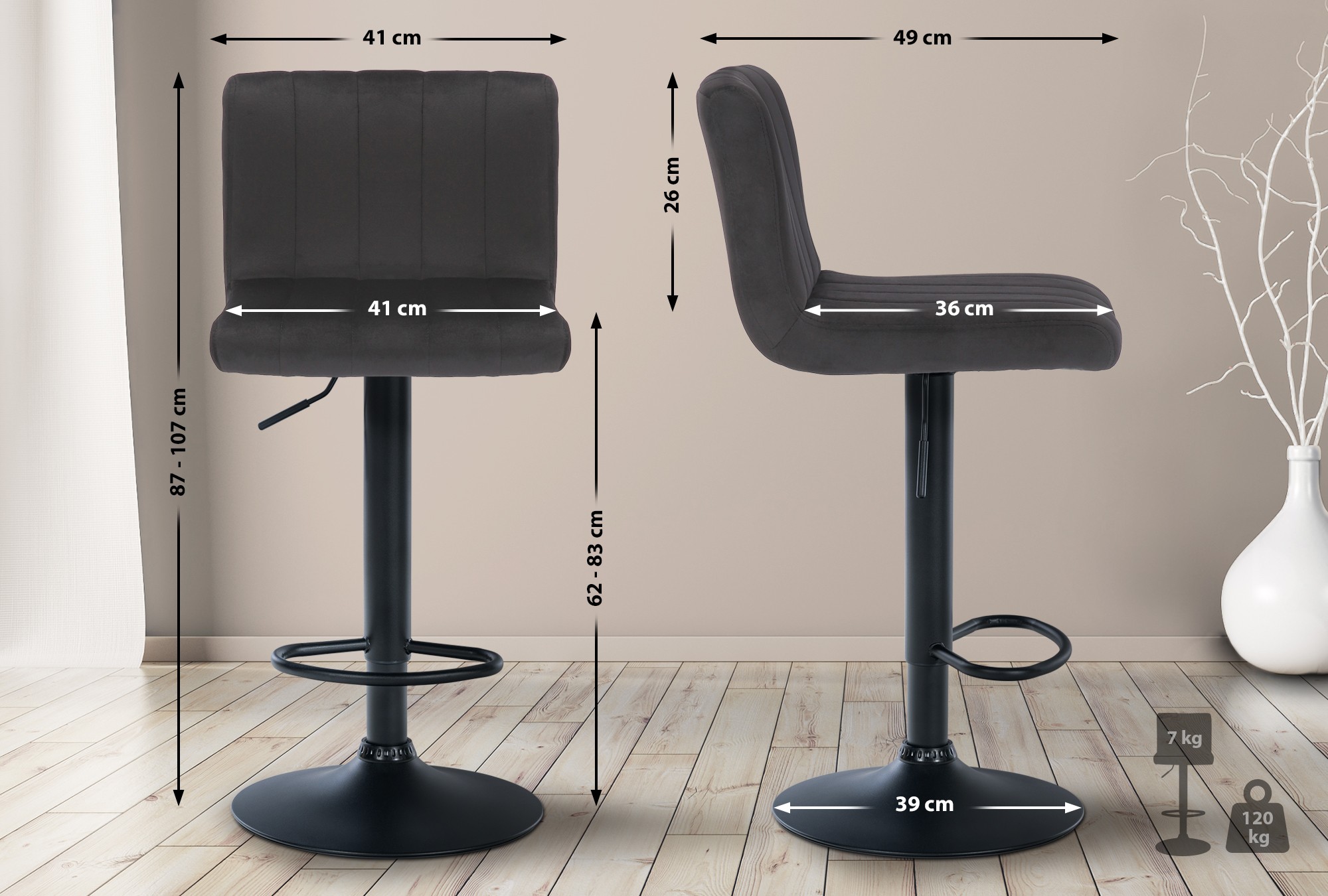 Lot de 2 tabourets de bar Jamie velours