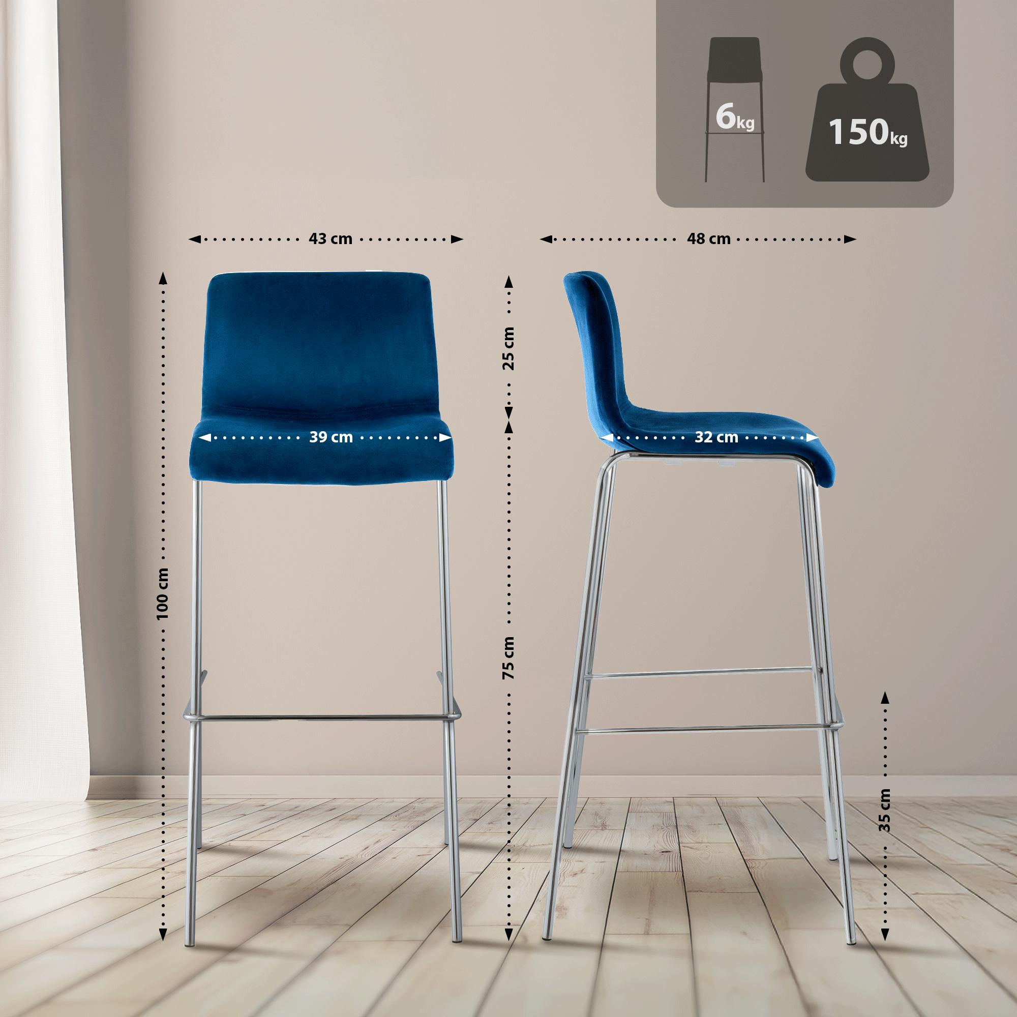 Tabouret de bar Hover velours structure à quatre pieds chromée
