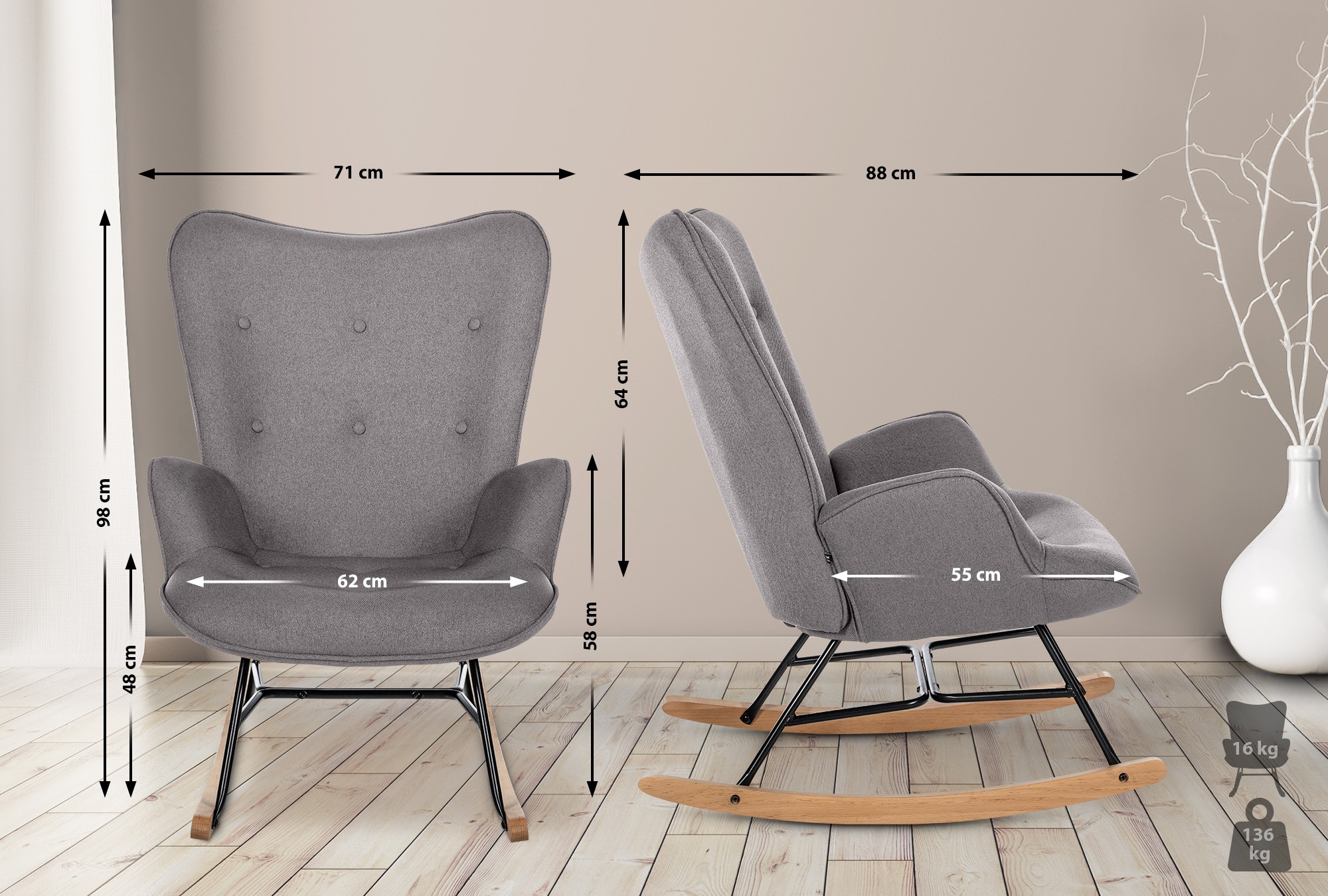 Fauteuil à bascule Sanka en tissu