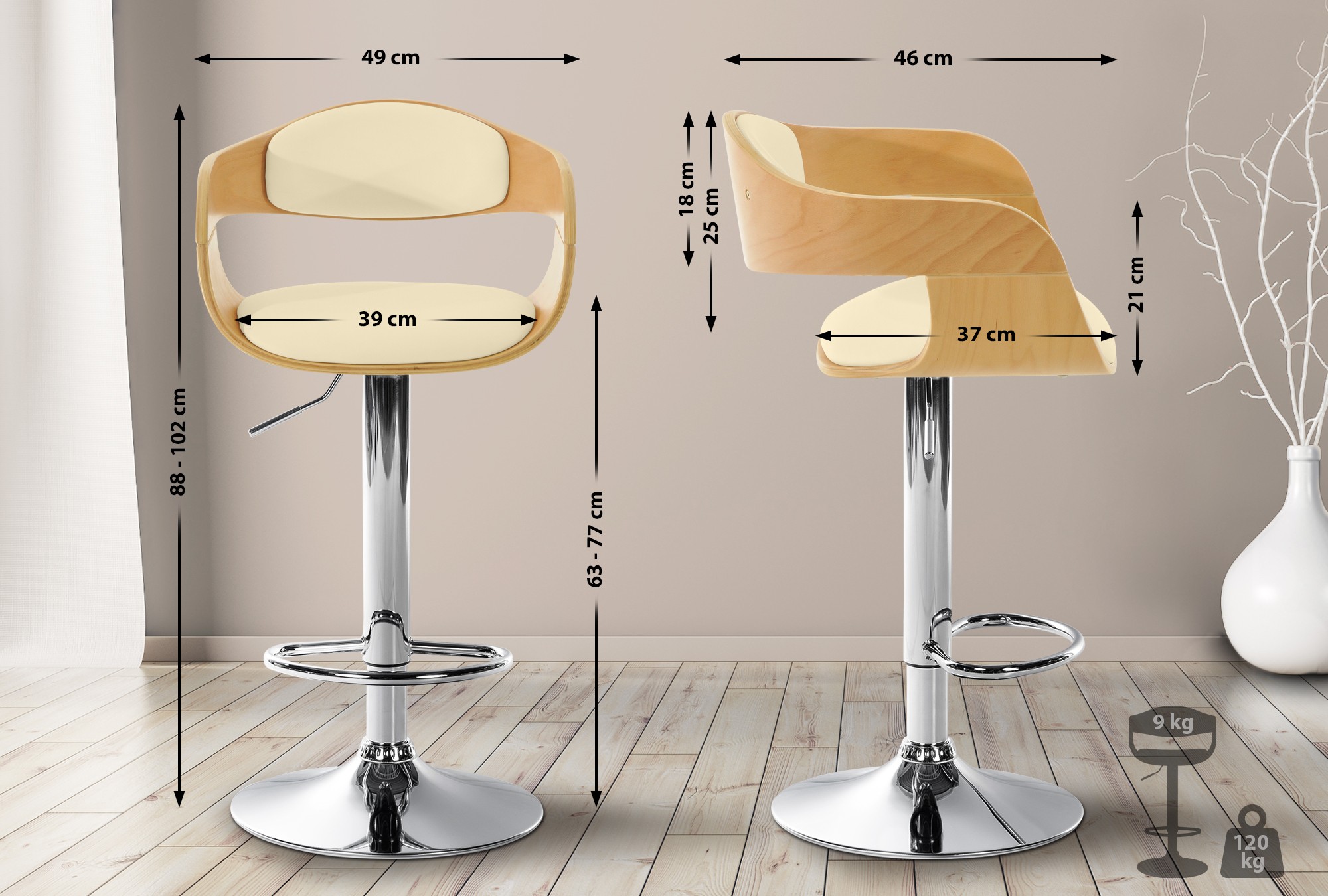 Tabouret de bar Kingston avec Coque en bois Assise en similicuir
