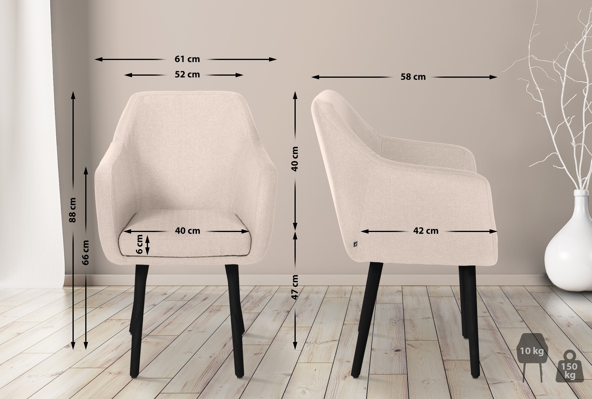 Chaise de salle à manger Utrecht en tissu avec pieds en bois