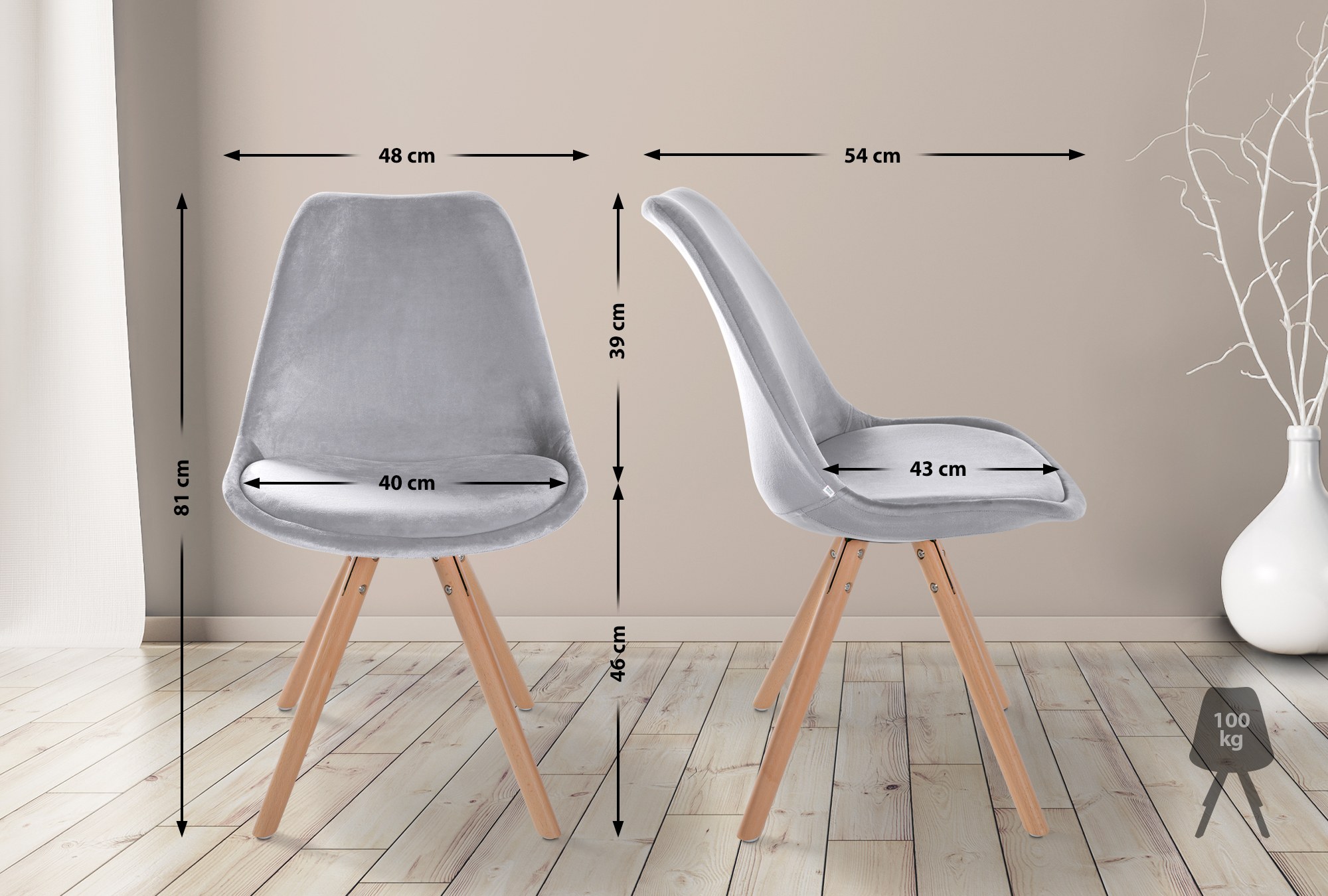 Lot de 4 chaises de salle à manger Sofia en velours Pieds en bois