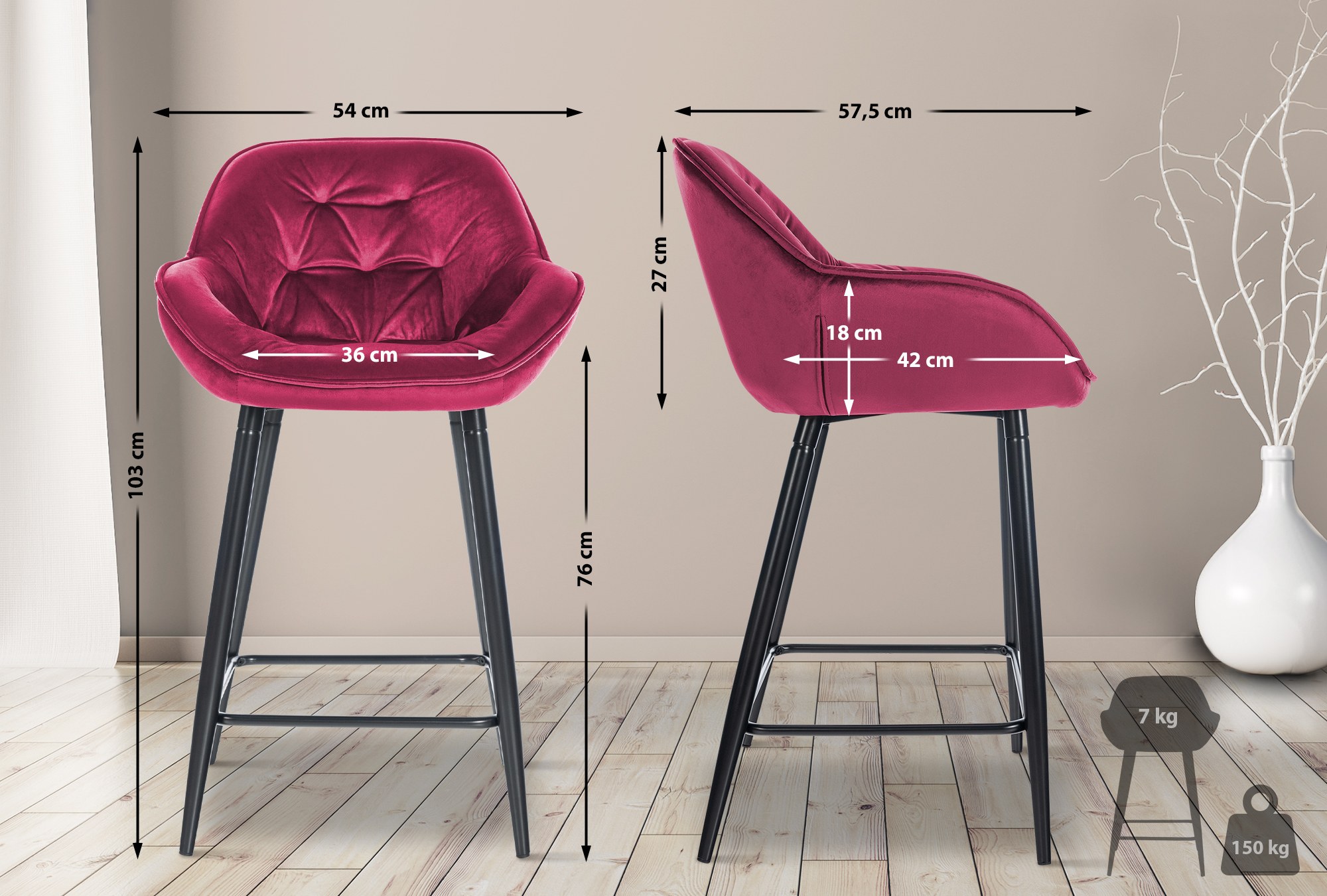 Tabouret de bar Gibson velours hauteur d'assise 76 cm