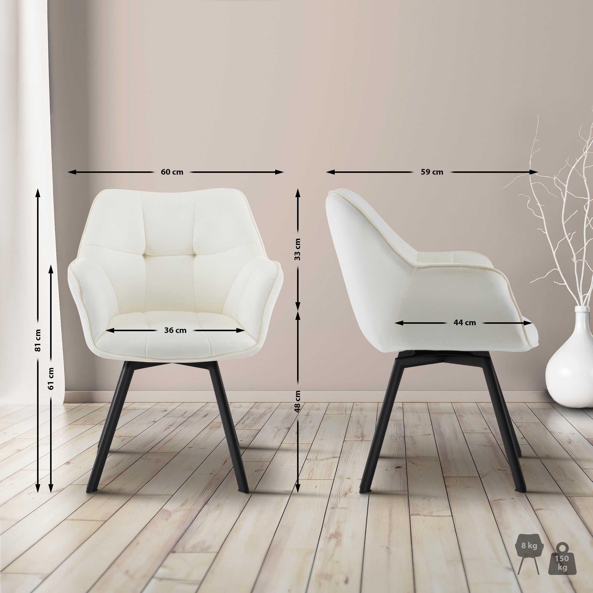 Lot de 2 chaises de salle à manger Jordi velours