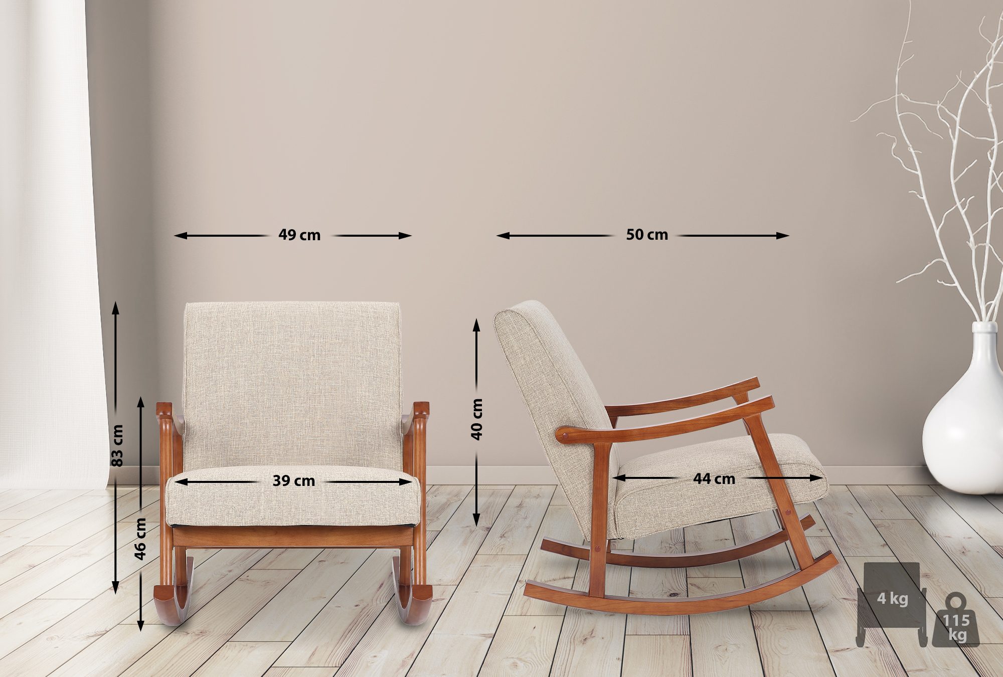 Chaise à bascule Morelia en tissu avec pieds Noyer